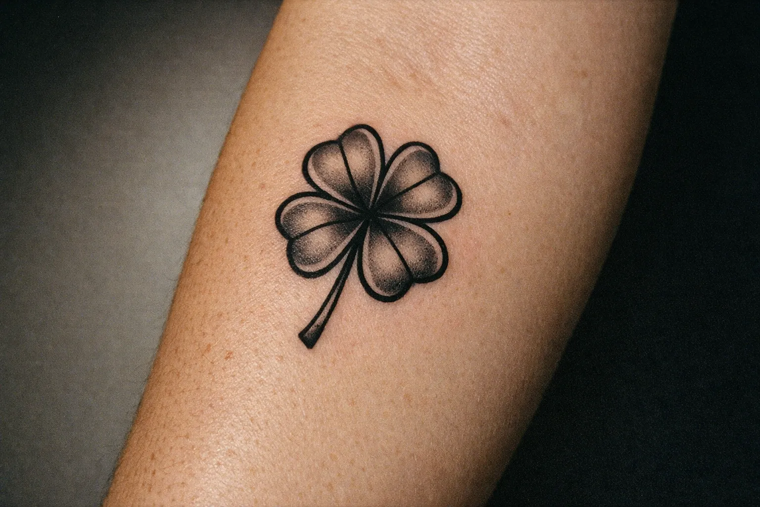 Close-up of a four-leaf clover tattoo on forearm with bold linework and shading