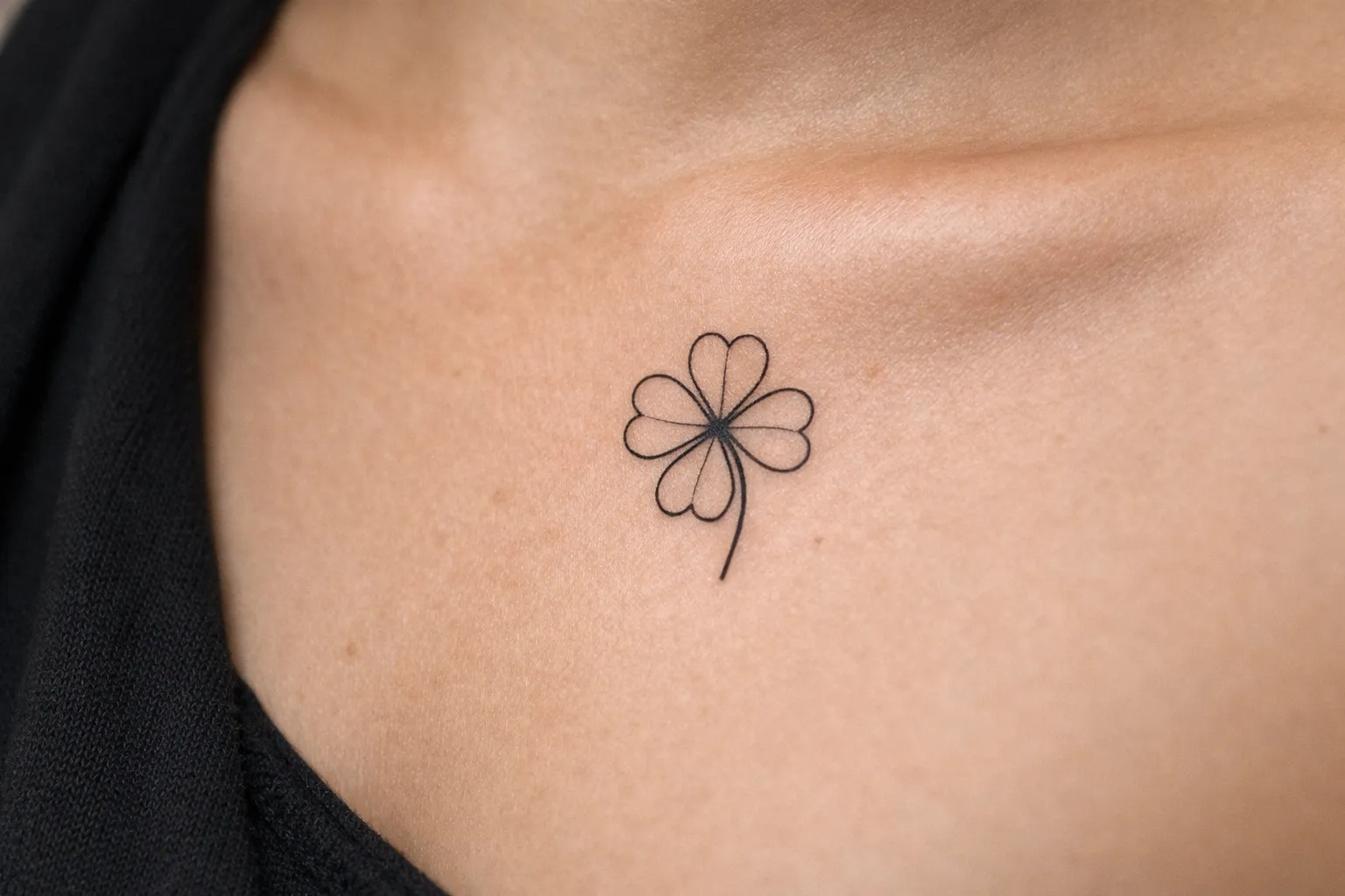 A simple four leaf clover tattoo on the upper chest near the collarbone.