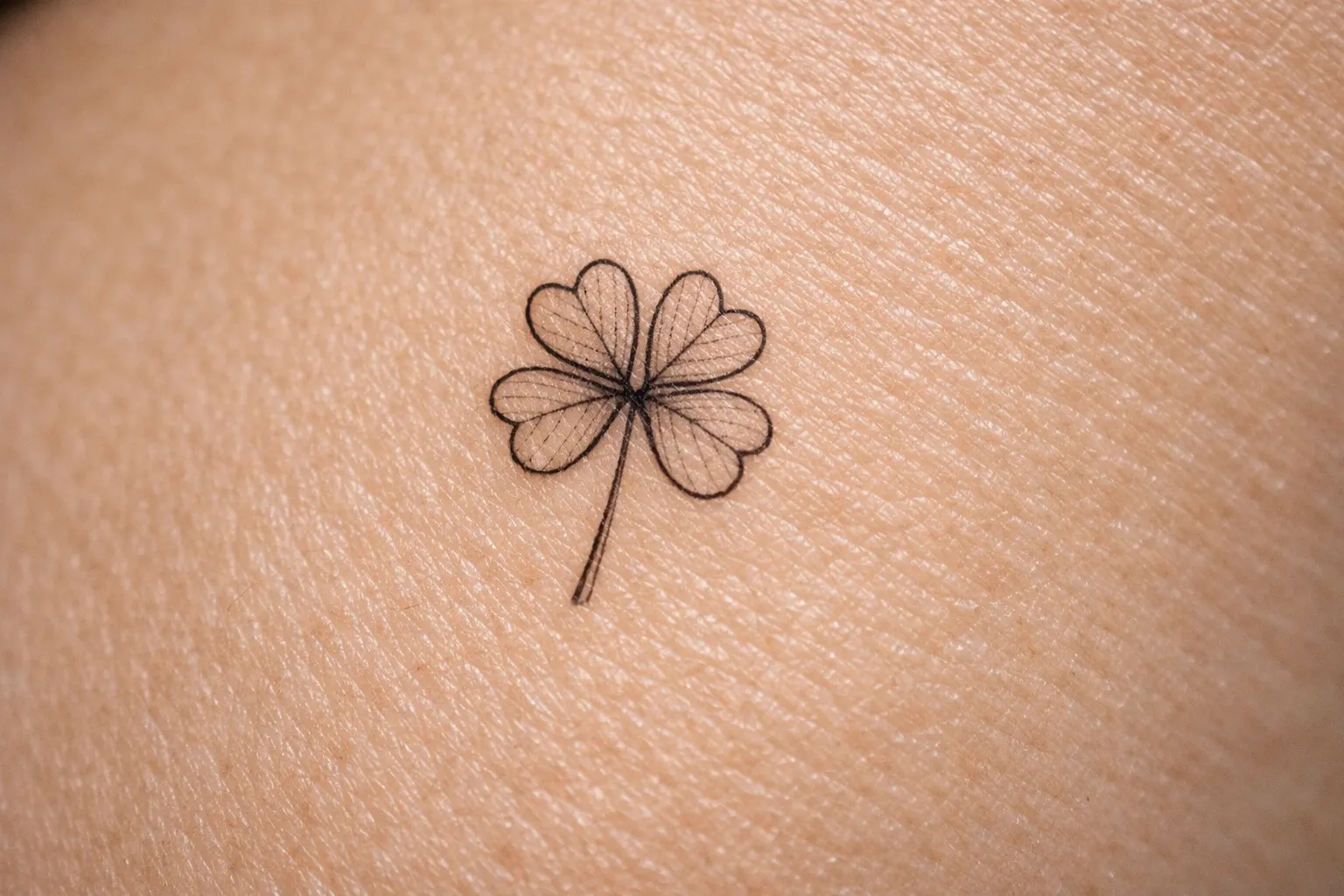 A small four-leaf clover tattoo on bare skin.