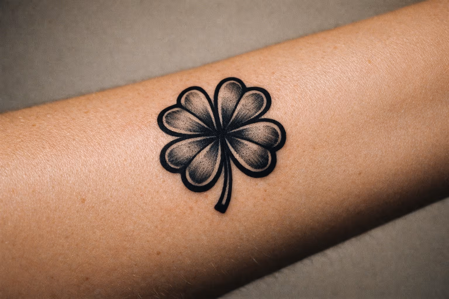 Hero editorial close-up of a four-leaf clover tattoo on forearm in black ink with subtle shading