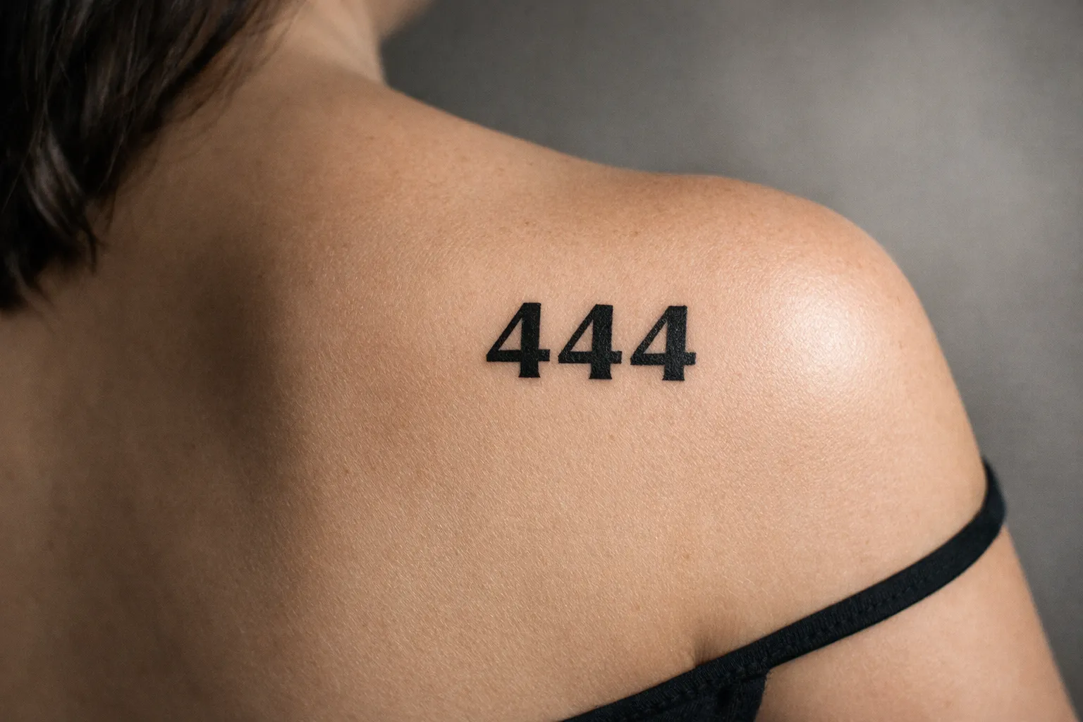 A person with a bold '444' tattoo on their upper back near the shoulder.