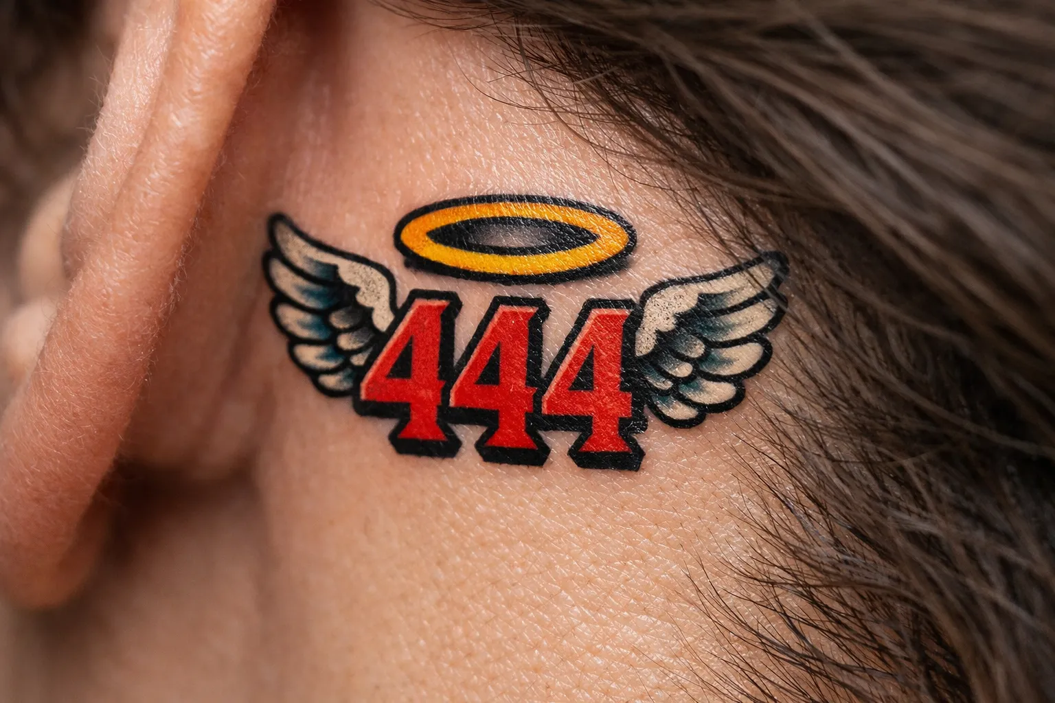 A tattoo of the number 444 with angel wings and a halo behind a person's ear.