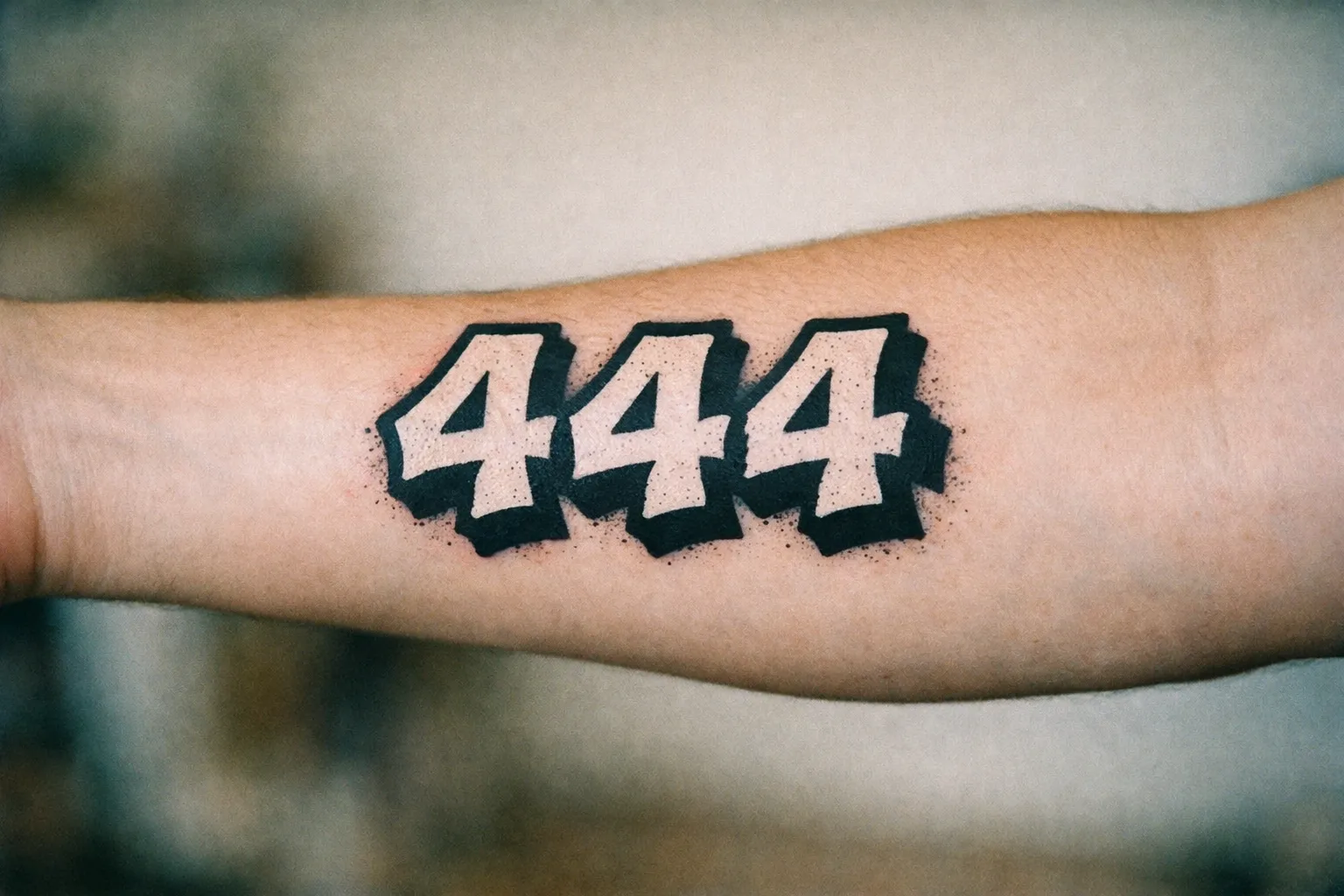Forearm tattoo 444 in graffiti-inspired bold lettering, urban vibe, single forearm