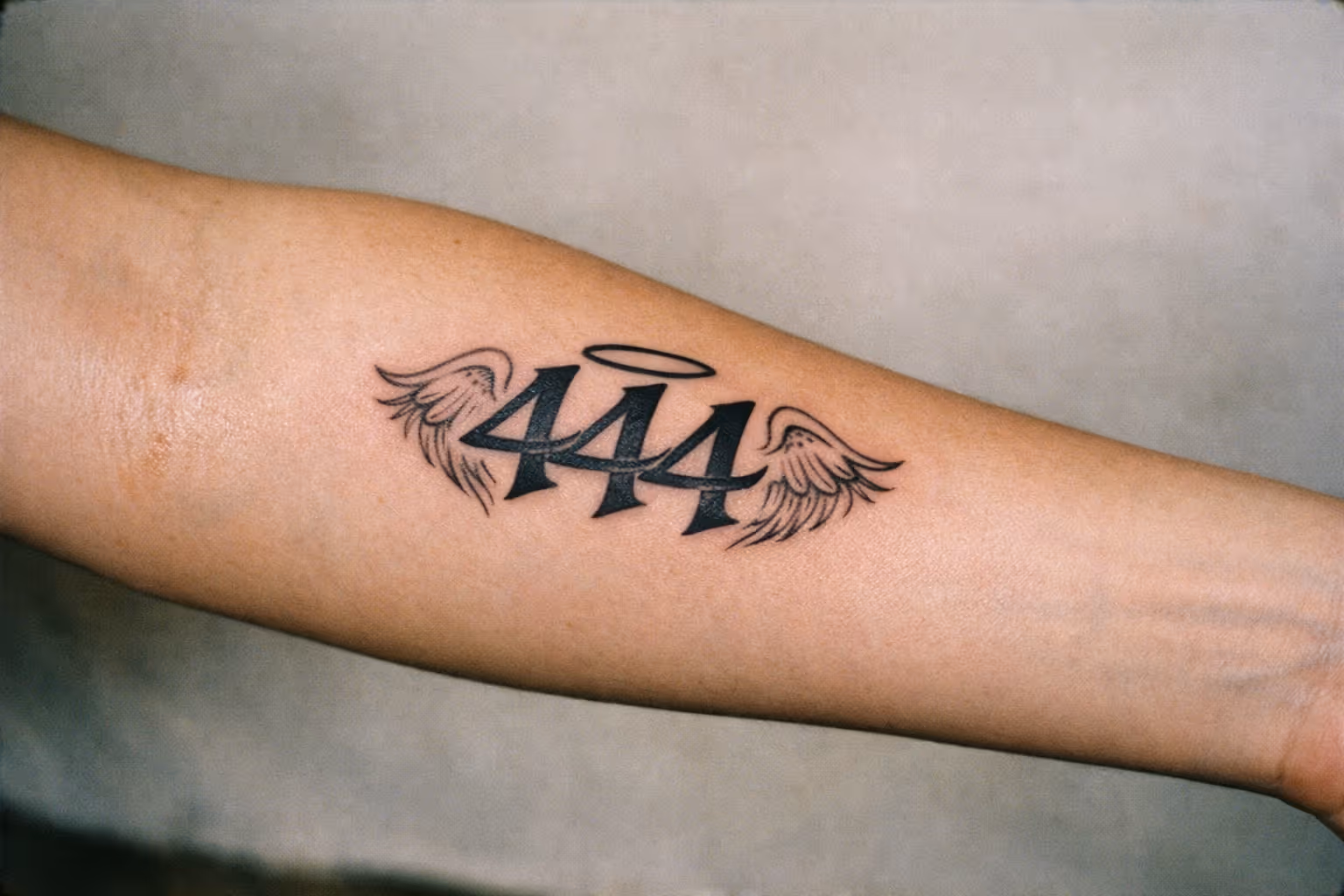 Cover shot: forearm with a stylized 444 angel tattoo, editorial studio lighting