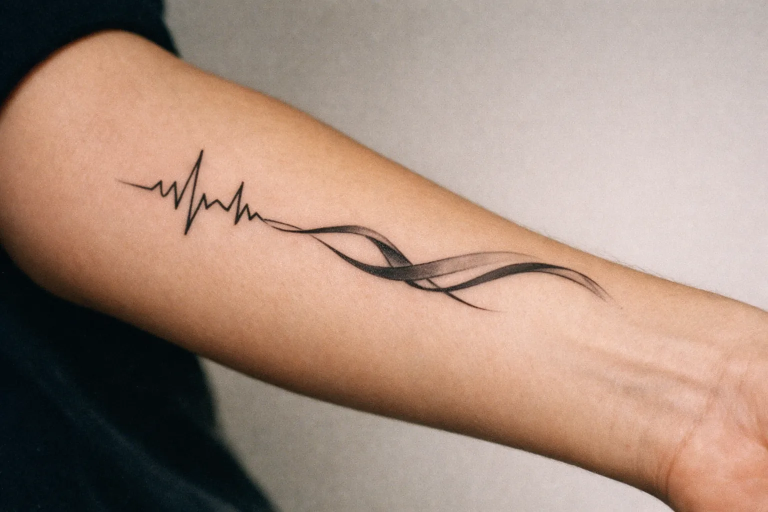 Continuous line tattoo on the forearm transitioning from jagged heartbeat to a smooth flowing ribbon