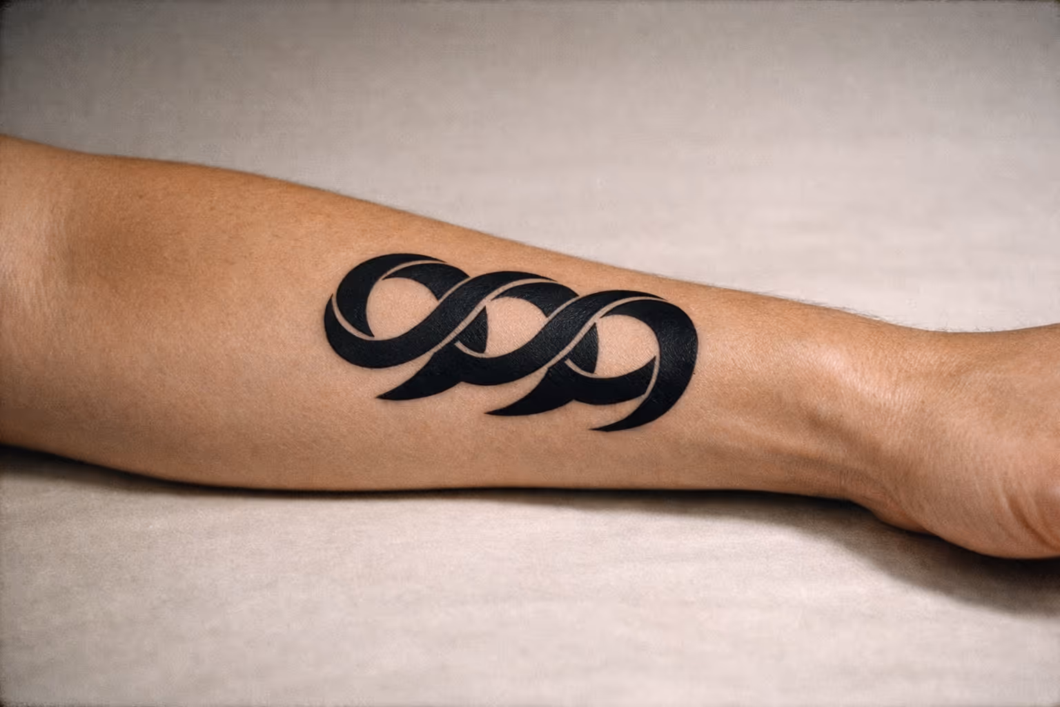 A forearm tattoo featuring three interlocking loops forming a subtle 999 motif