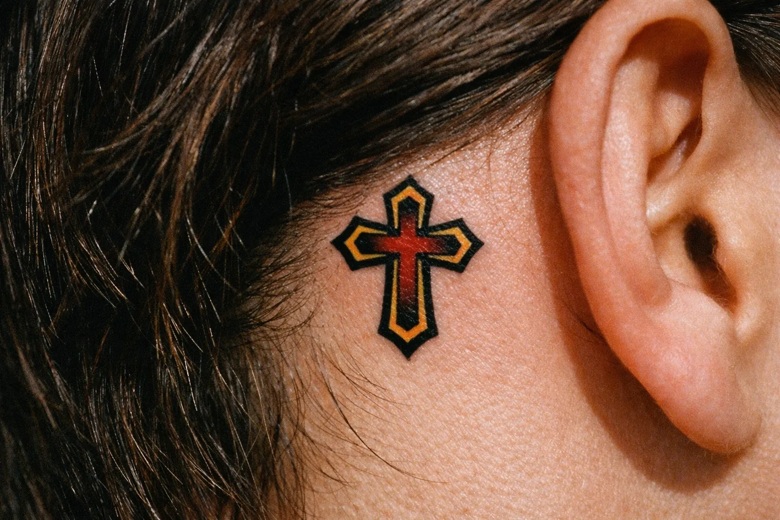 A person with a colorful cross tattoo behind their ear.