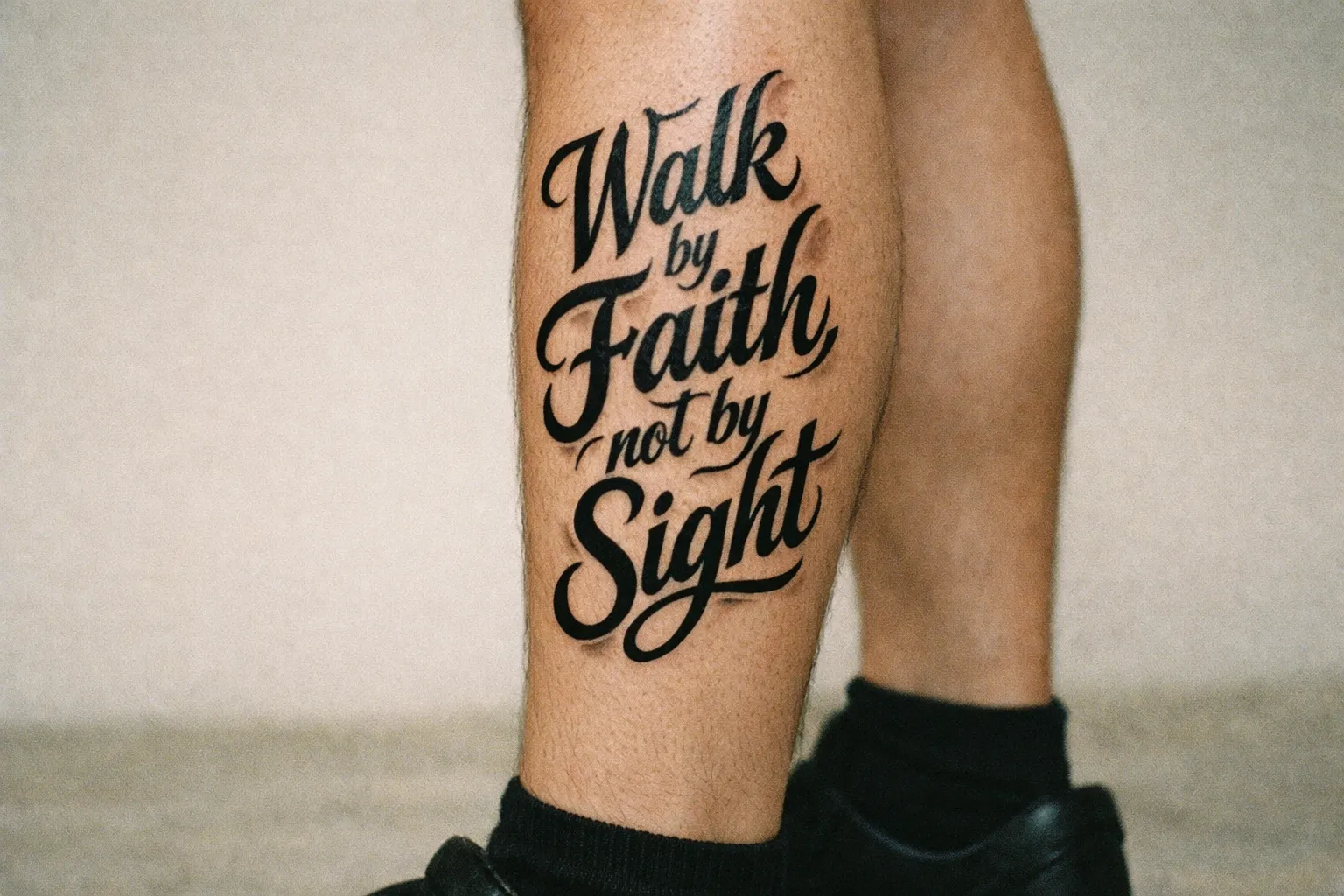 A person shows a tattoo reading 'Walk by Faith not by Sight' on their calf.