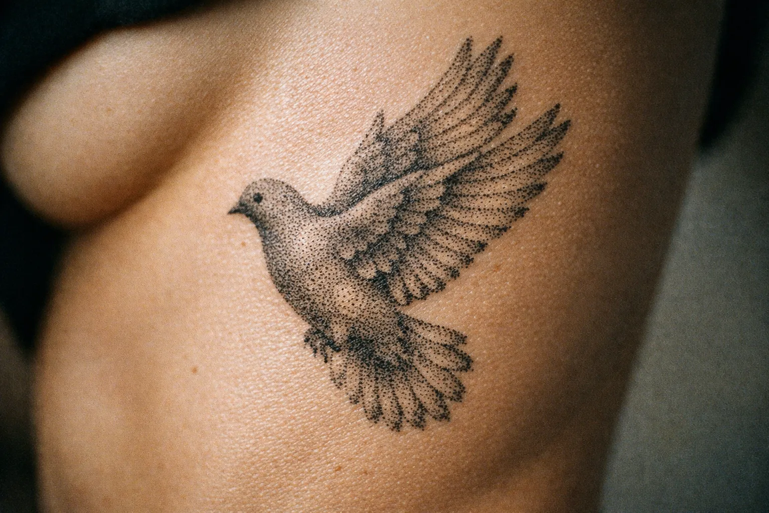 A detailed dove tattoo is inked on a person's side.