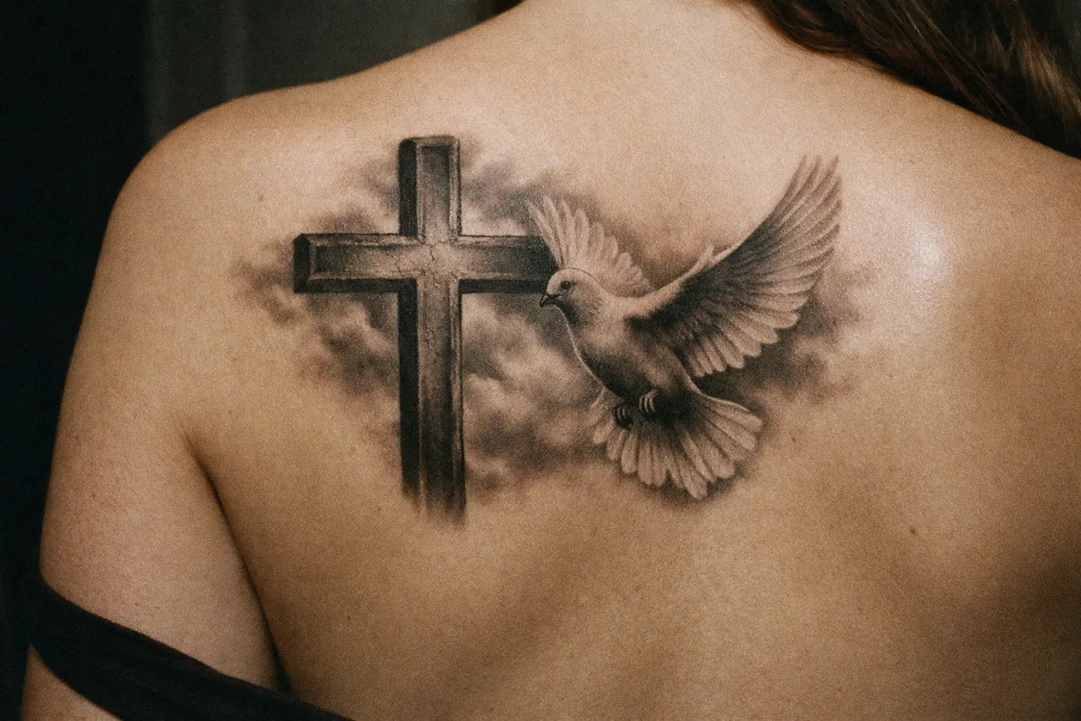 A large tattoo of a cross and dove on a person's upper back.