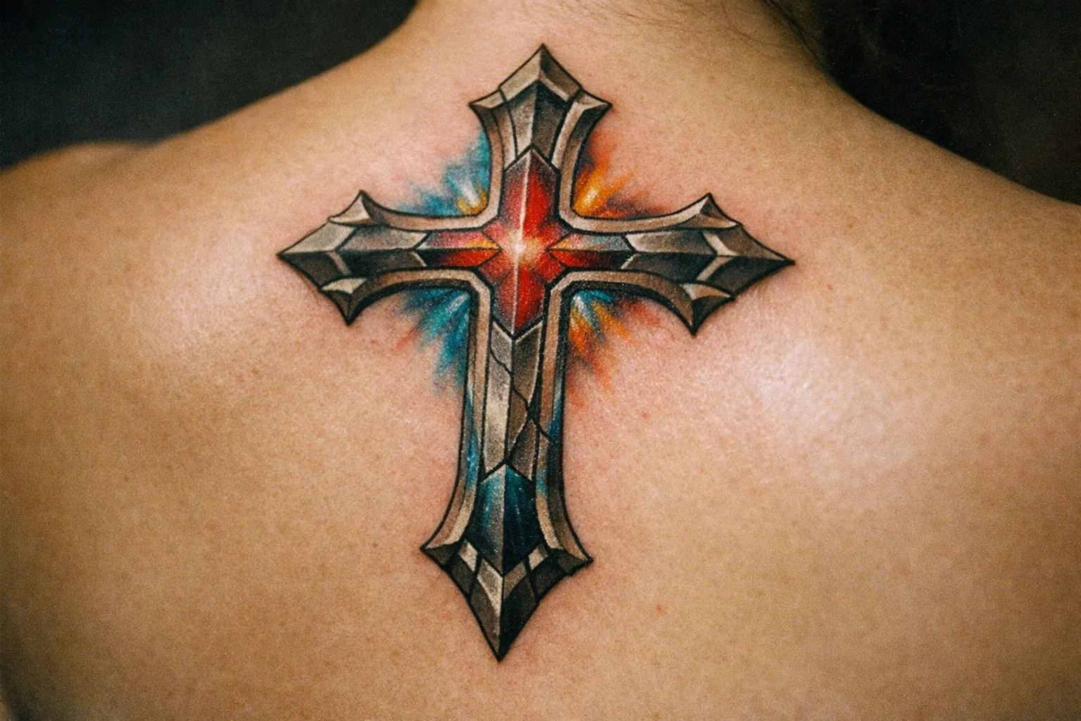 A large ornate cross tattoo is inked on a person's upper back.