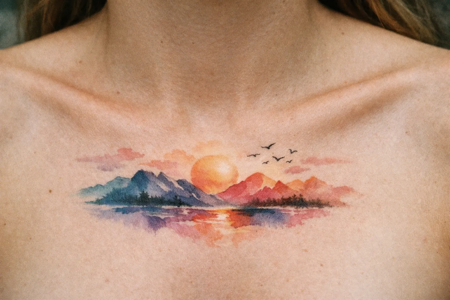 A watercolor-style tattoo of mountains, a sunset, and birds on a person's upper chest.