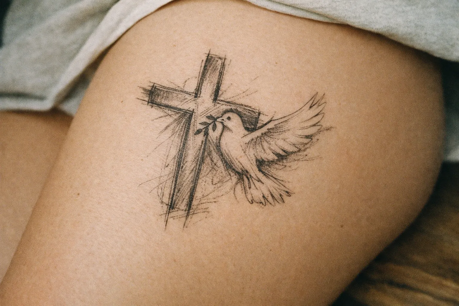 A tattoo of a cross and a dove holding an olive branch on a person's upper thigh.