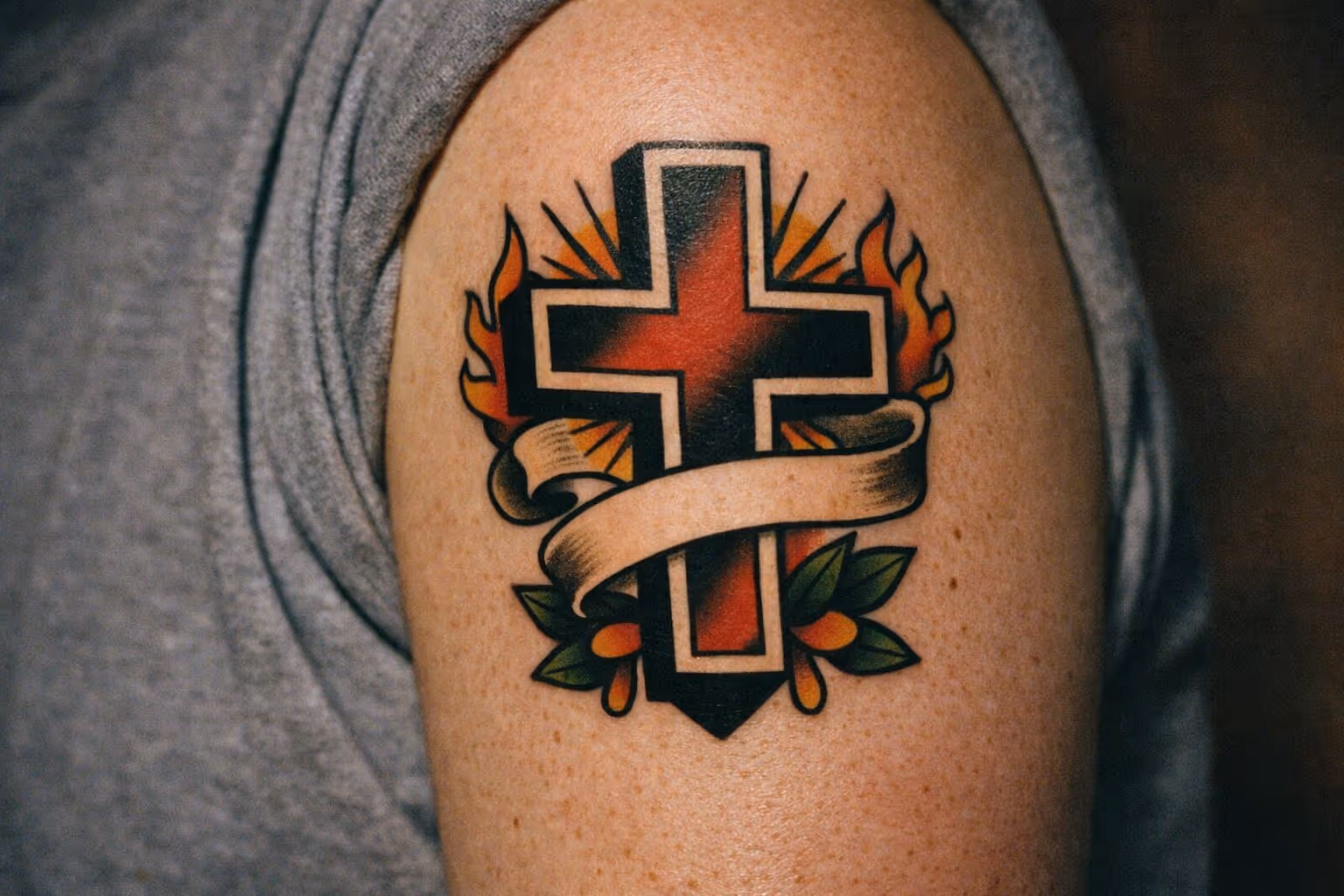 A person's upper arm with a colorful cross tattoo featuring flames, leaves, and a blank banner.