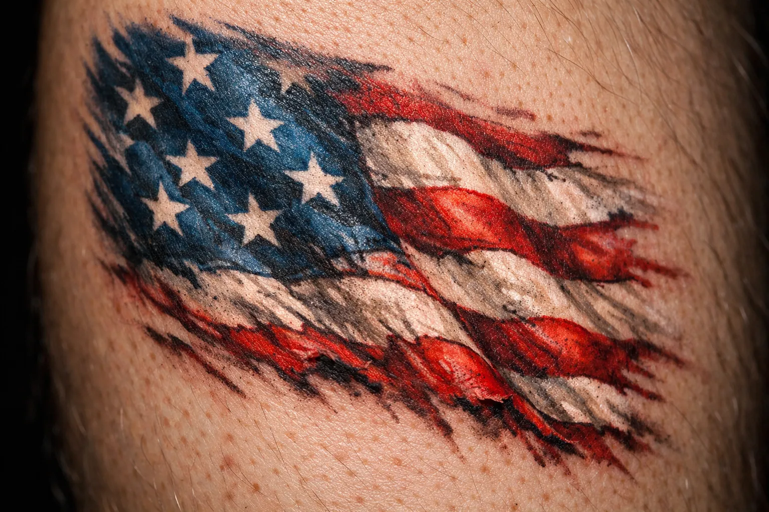 A tattoo of the American flag appears on a person's skin.