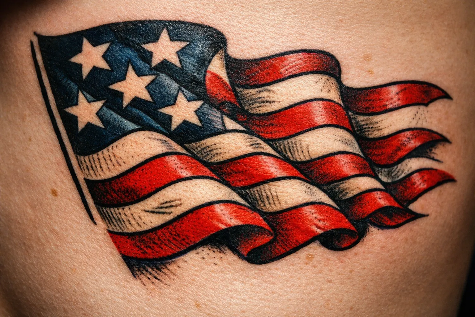 A tattoo of the American flag is shown on bare skin.