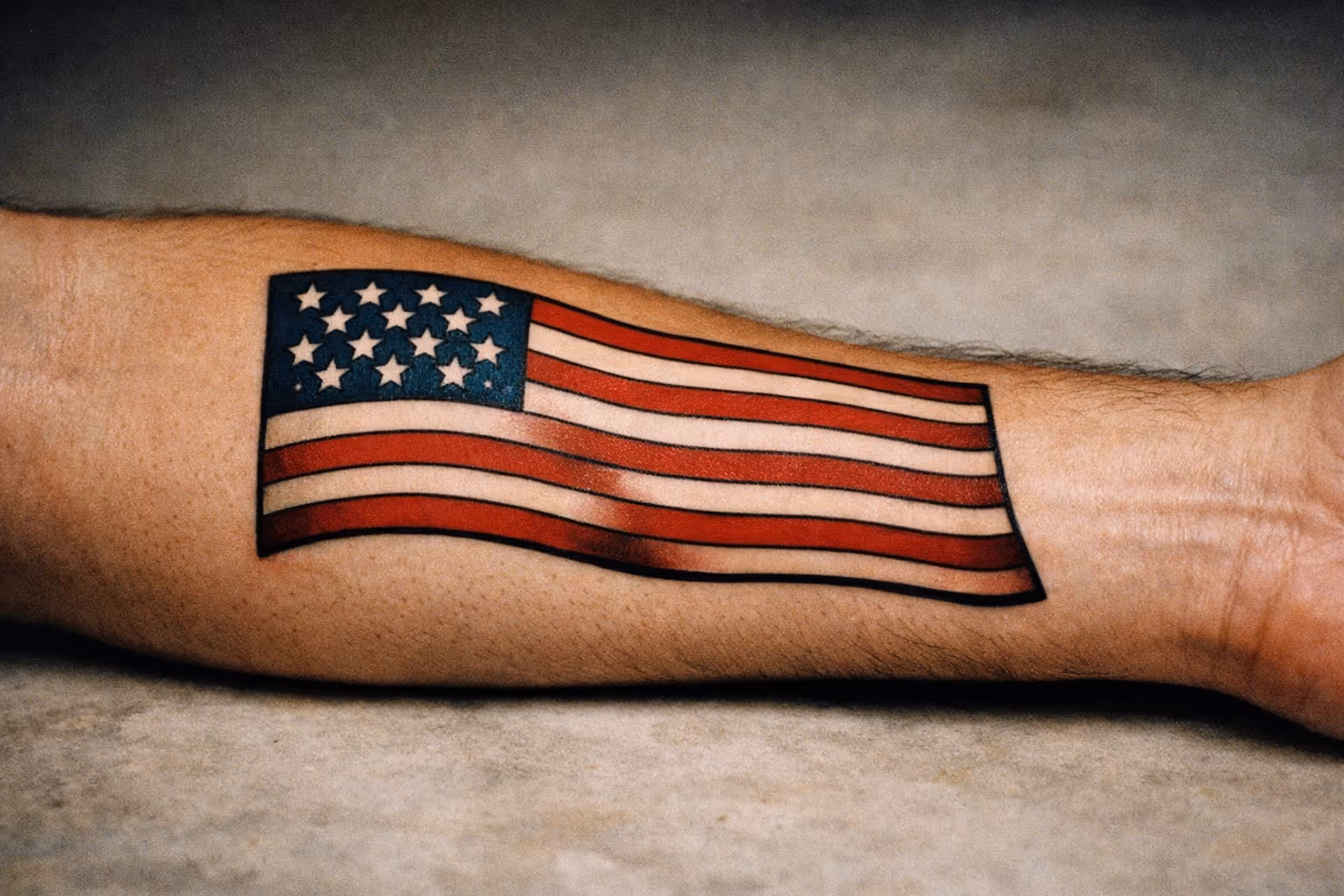 Editorial hero: close-up of a forearm with a traditional American flag tattoo, soft studio lighting.