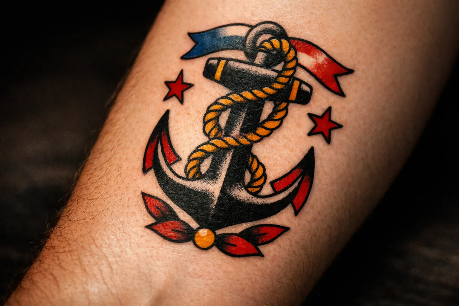 Anchor tattoo on forearm with rope and banner in classic American Traditional style