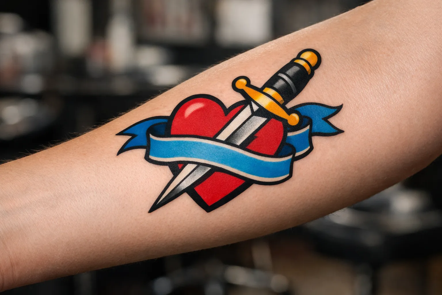 Heart with dagger and banner forearm tattoo in traditional style