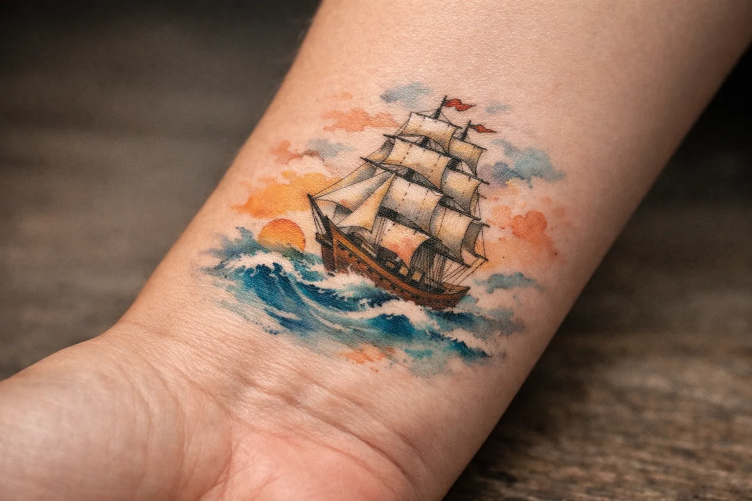 A tattoo of a traditional sailing ship on a person's forearm with sunset and waves.