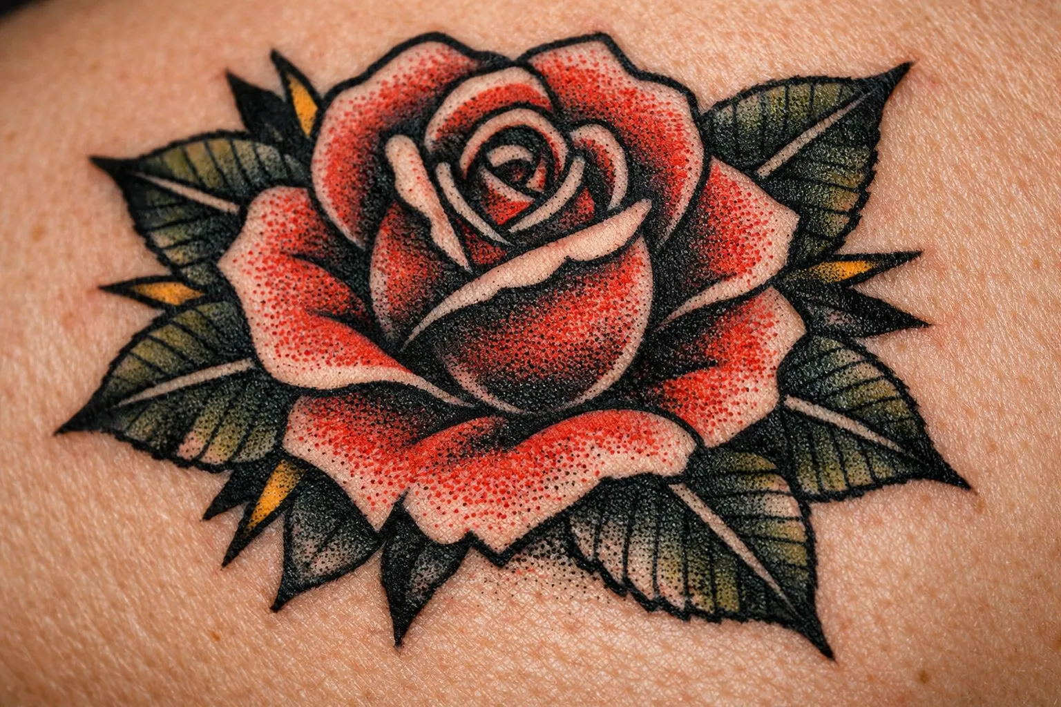 A traditional red rose tattoo with green leaves on human skin.
