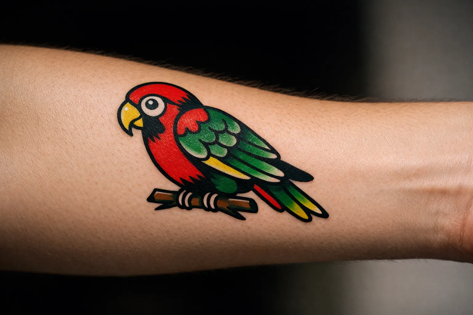Parrot tattoo on forearm inspired by classic flash design