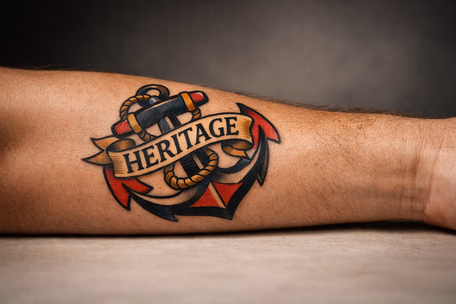 Editorial close-up of a single forearm tattoo in the American Traditional style with bold lines and saturated colors