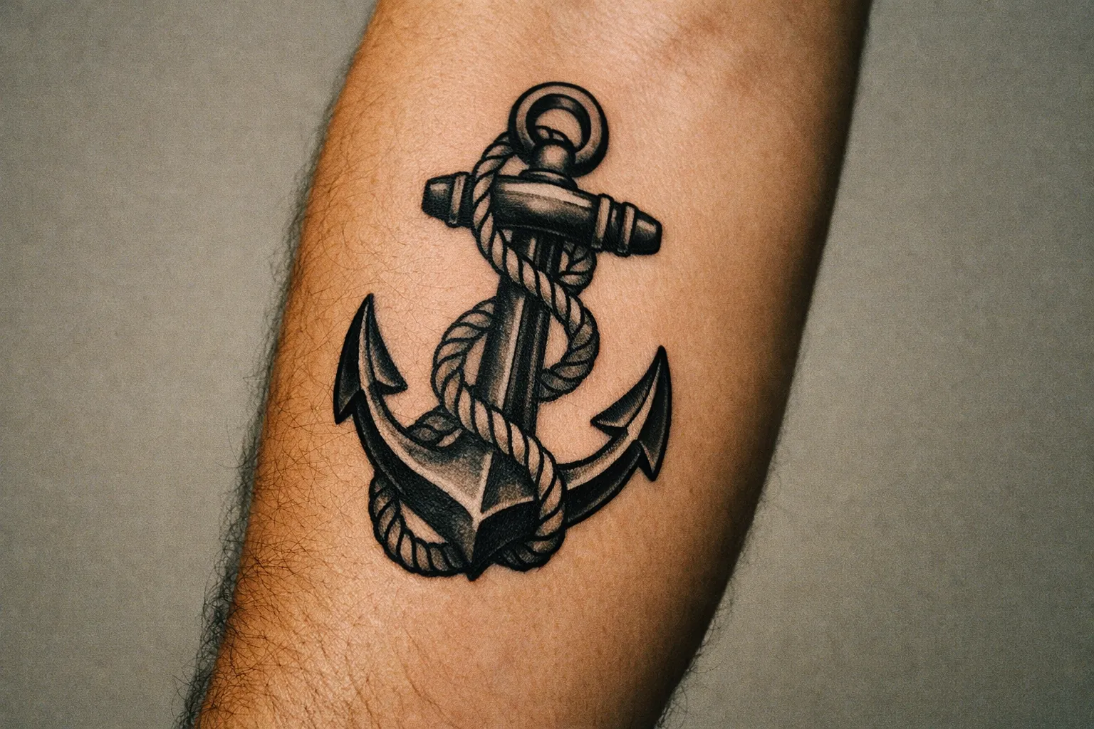 Editorial close-up of a traditional anchor tattoo on forearm illustrating symbolic meaning beyond sailors