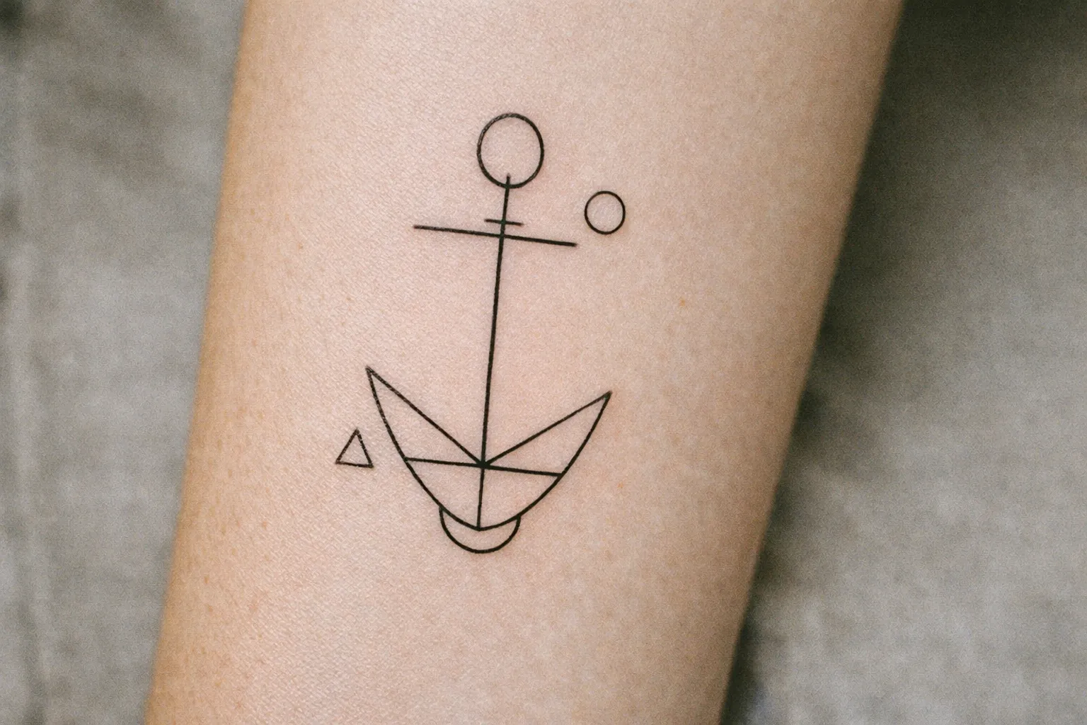 Tiny anchor tattoo on inner forearm near wrist, suggested 'finger anchor' motif