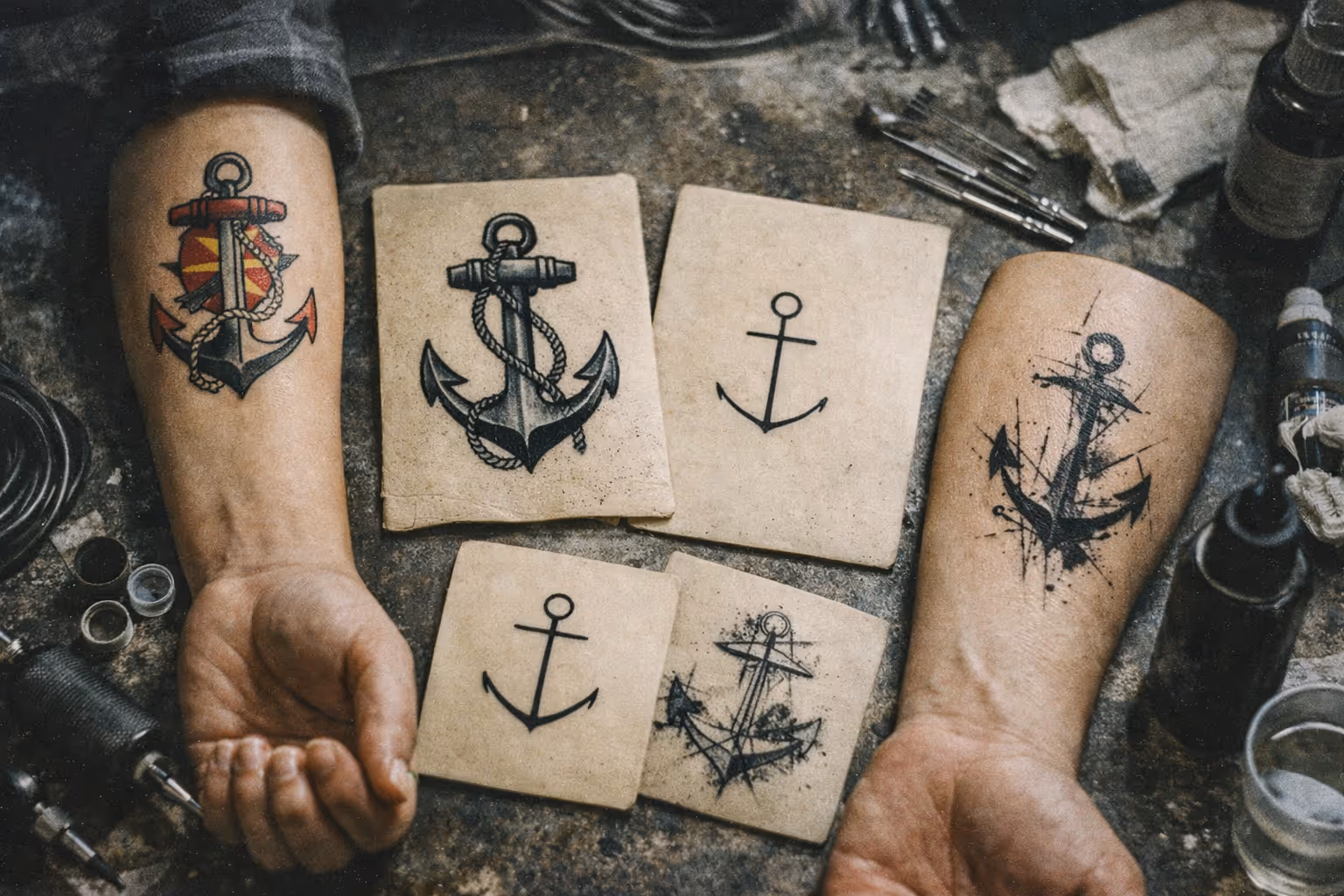 Editorial close-up of a traditional anchor tattoo on forearm with rope detail, healed skin texture visible
