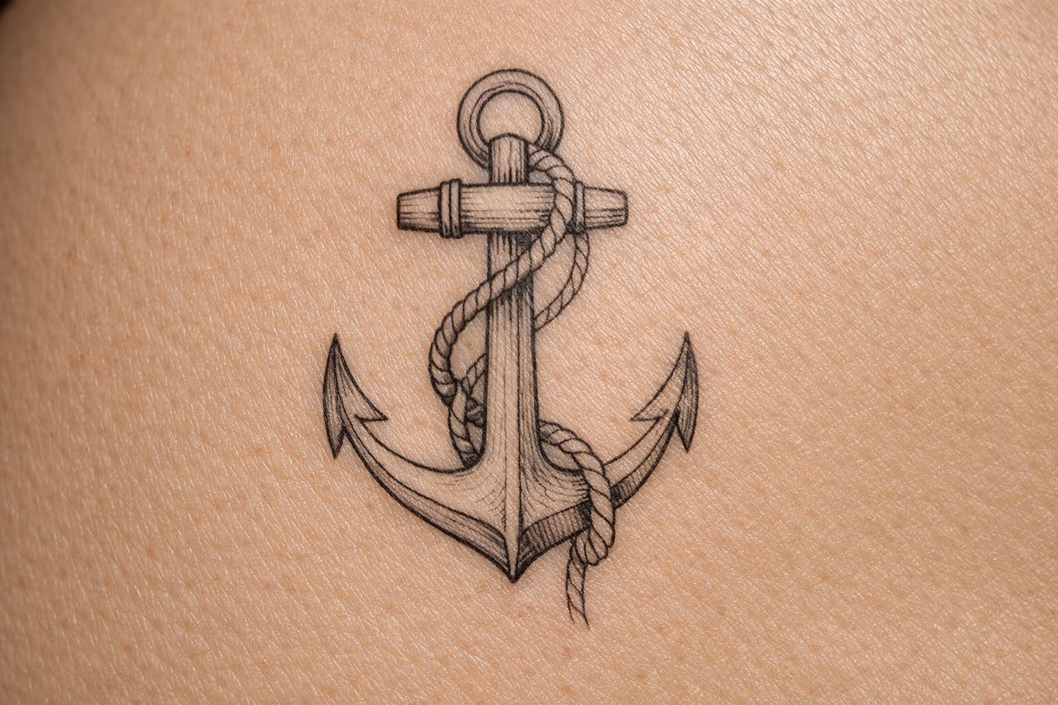 A detailed anchor tattoo with a rope is inked on bare skin.