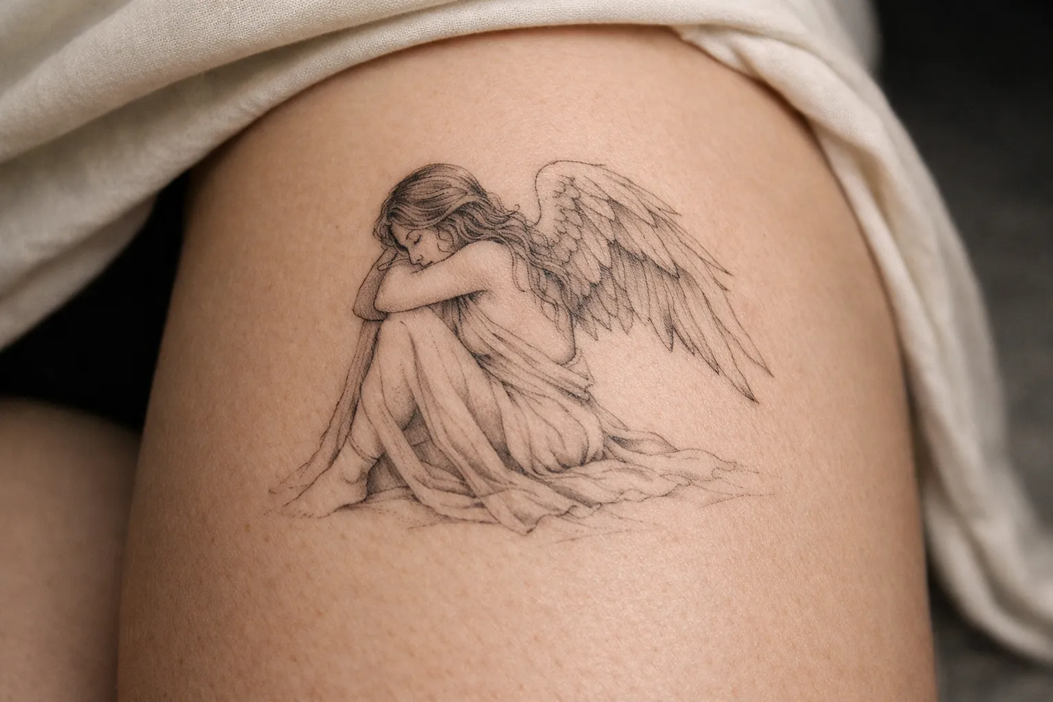 A tattoo of a seated angel with wings is shown on a person's thigh.