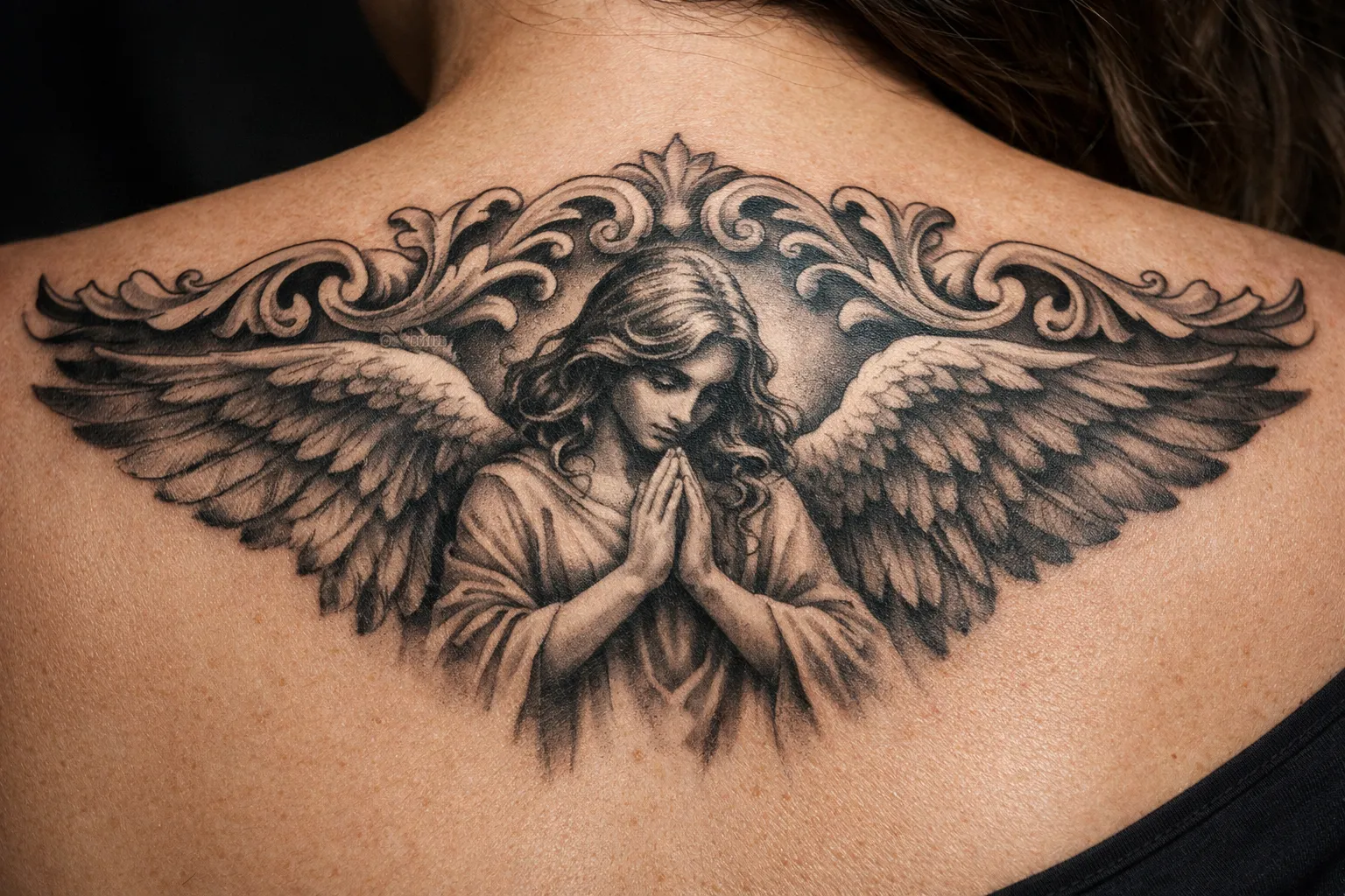 A detailed angel tattoo with wings is inked across a person's upper back.