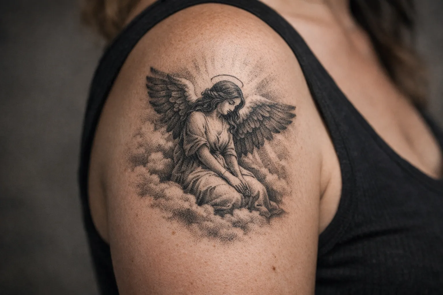 A person with a detailed angel tattoo on their upper arm.