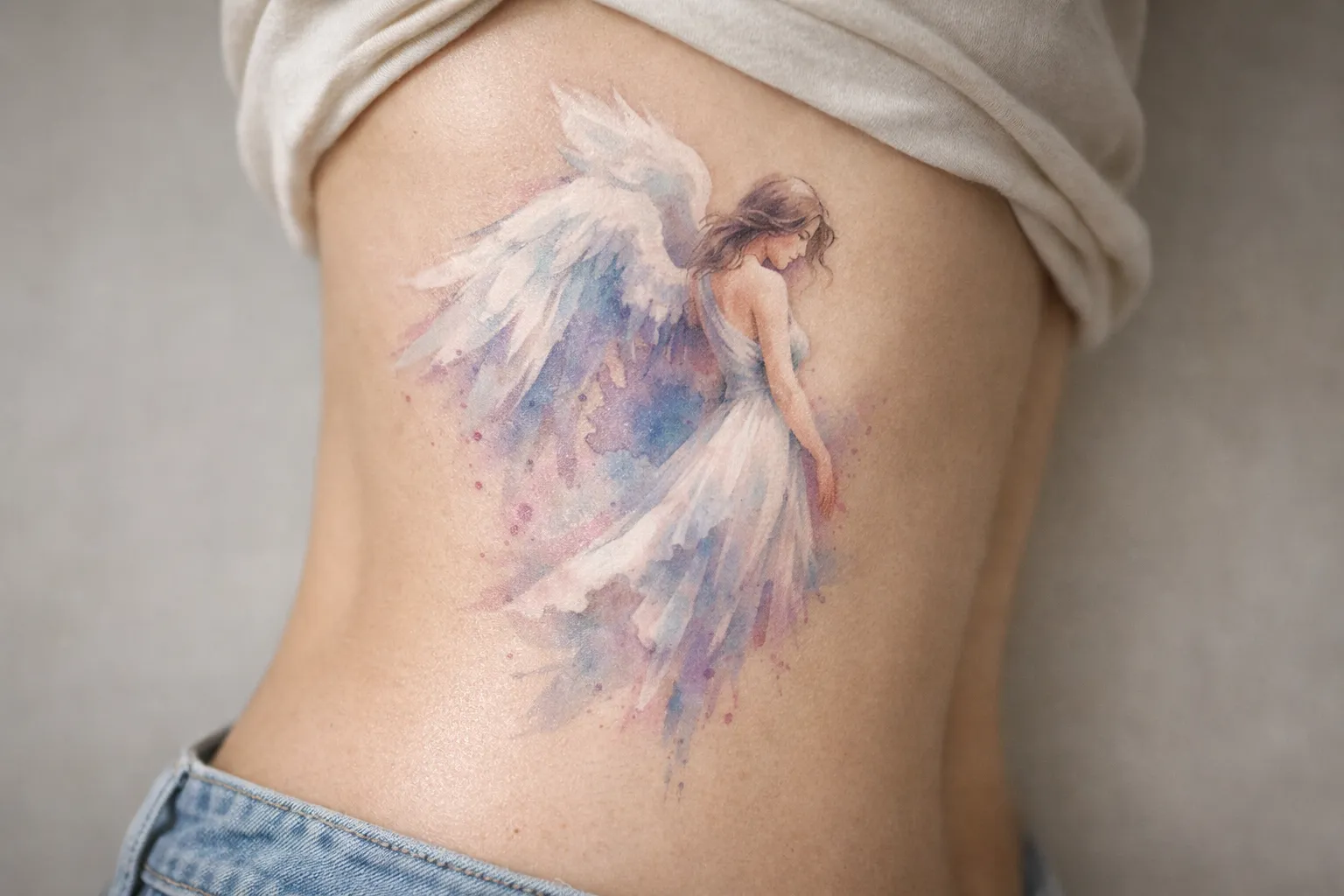 A watercolor-style angel tattoo on a person's side just above the hip.