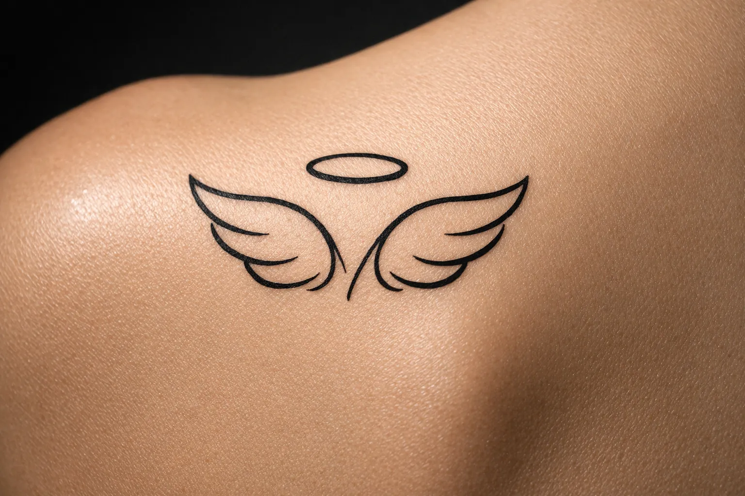 A simple angel wings and halo tattoo on a person's shoulder blade.