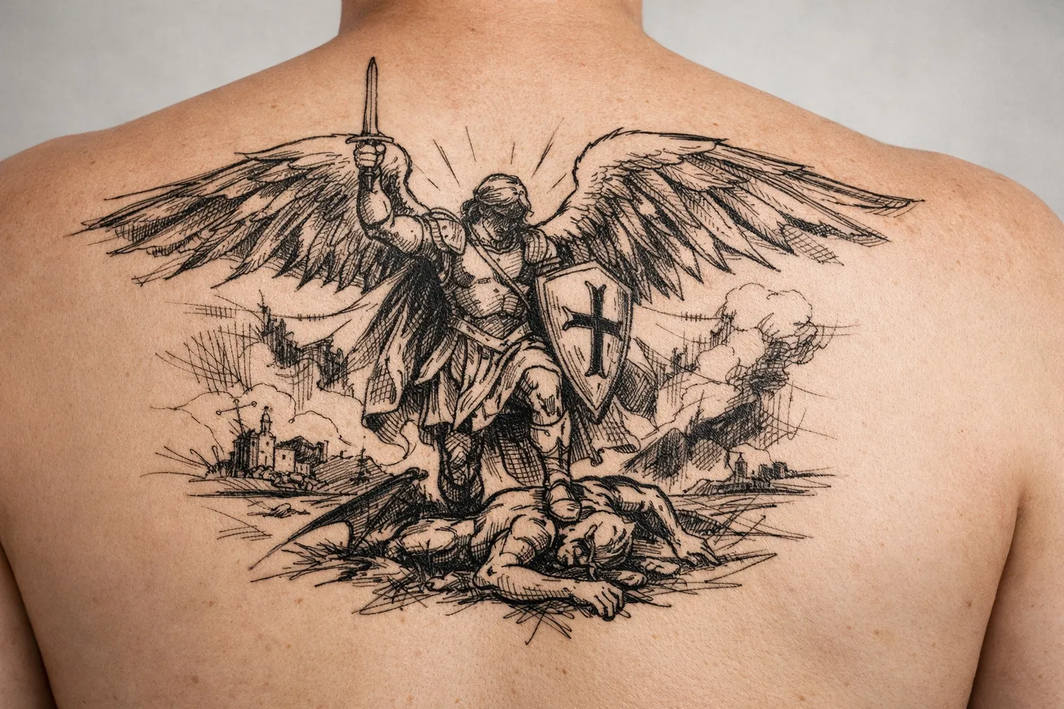 A detailed tattoo of a winged angel with sword and shield covering a person's upper back.