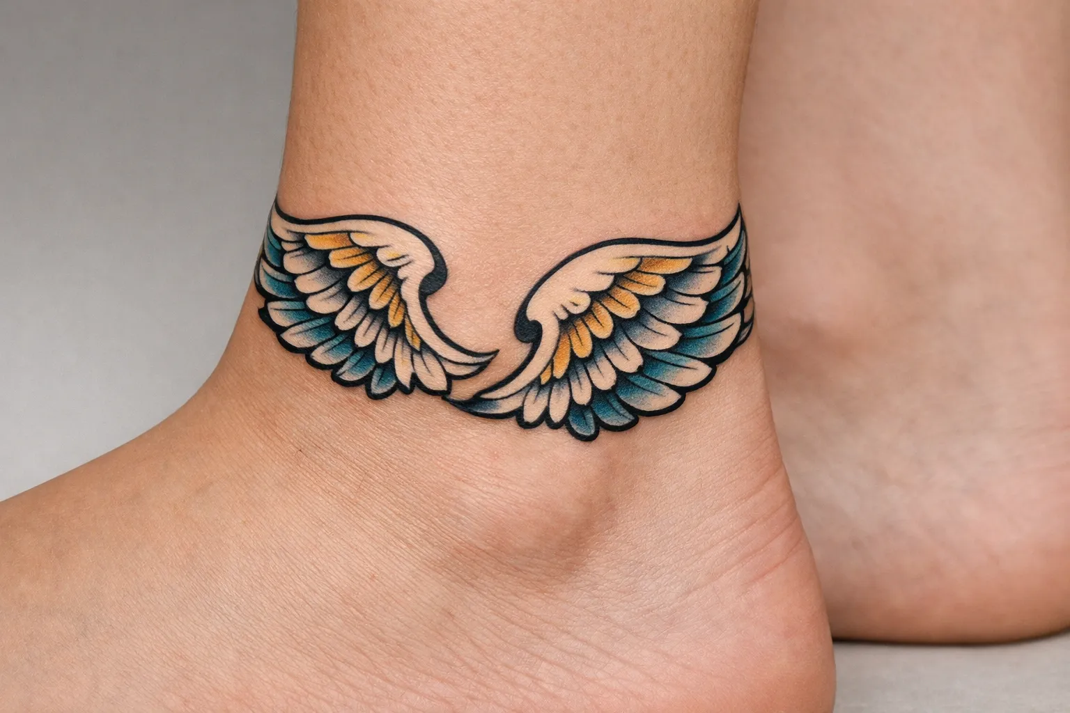 A colorful angel wings tattoo wraps around a person's ankle.