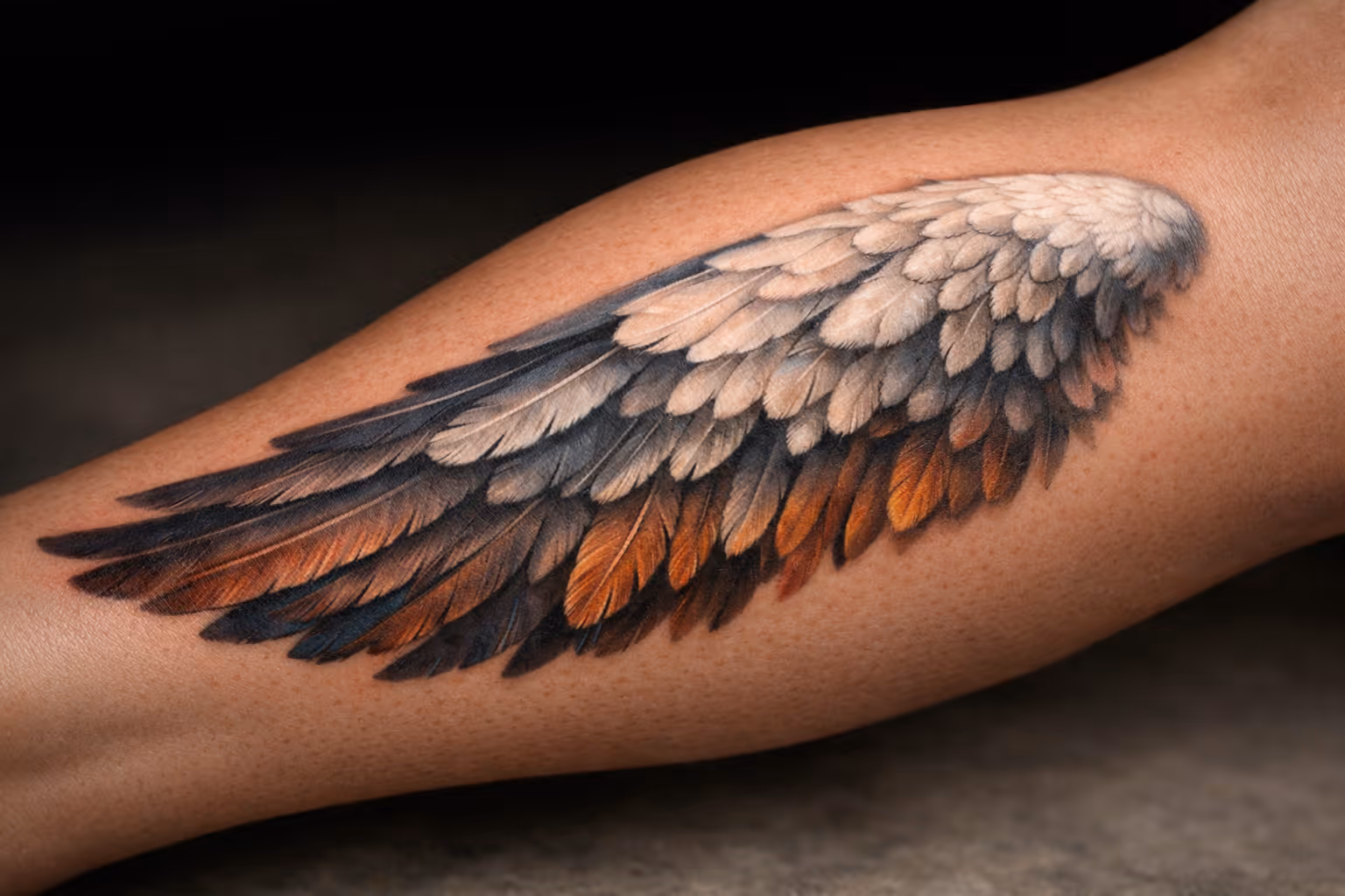 A realistic angel wing tattoo is inked on a person's forearm against a neutral background.