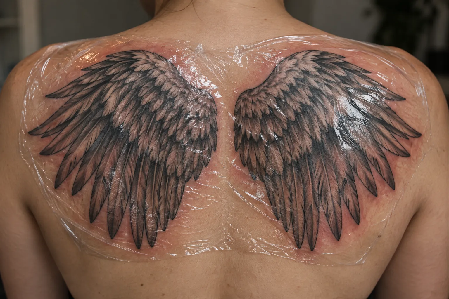 A person has large angel wing tattoos across their upper back, covered in clear protective wrap.