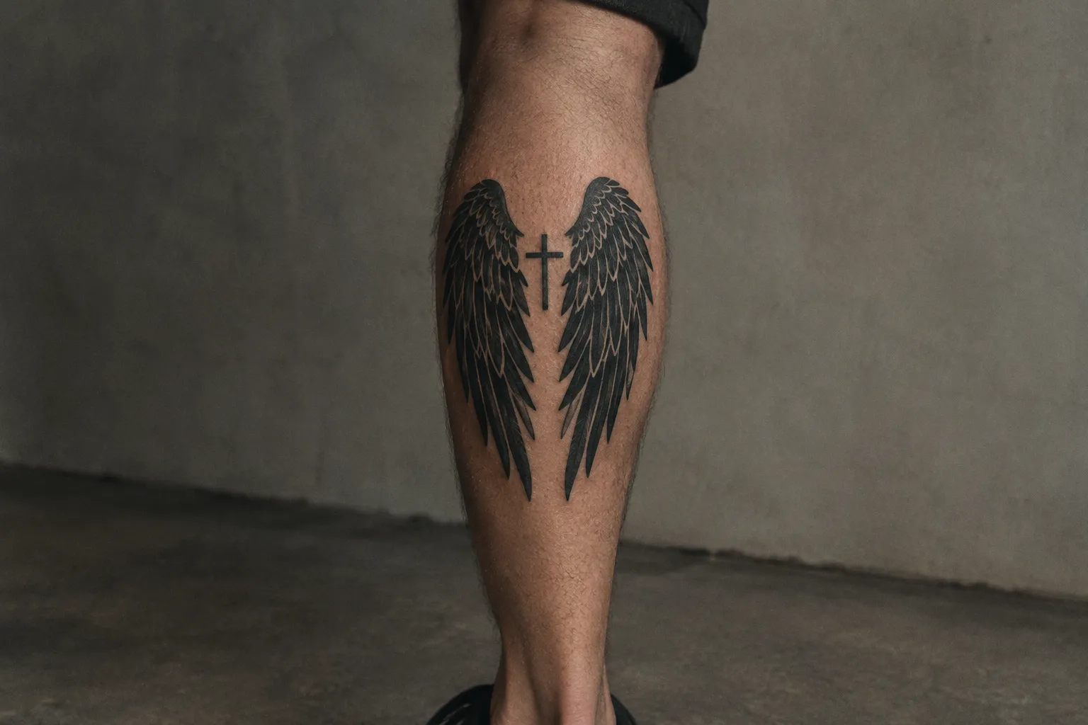 A person shows a black angel wings and cross tattoo on their calf indoors.