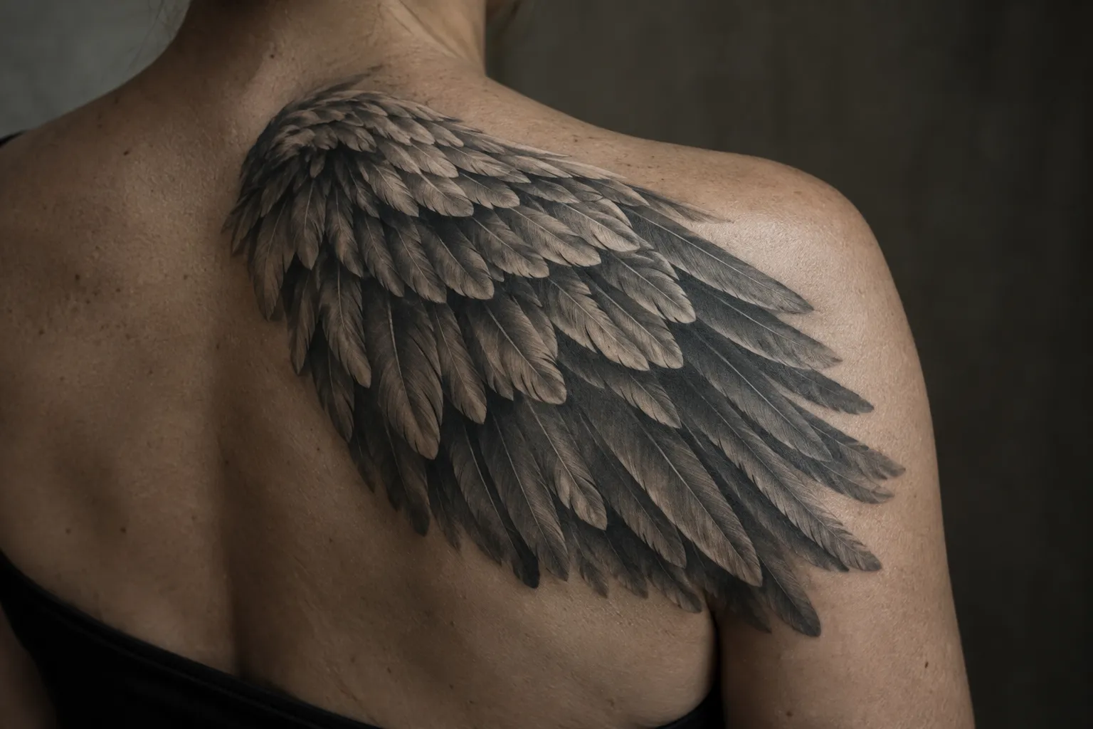A person shows a detailed angel wing tattoo across their upper back and shoulder.