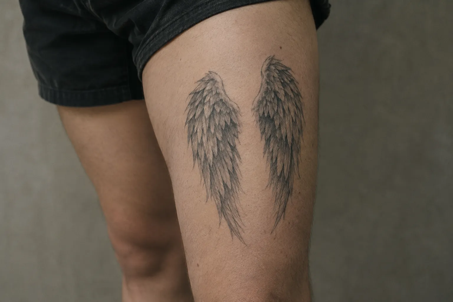 A person has a pair of feathered angel wings tattooed on their thigh.