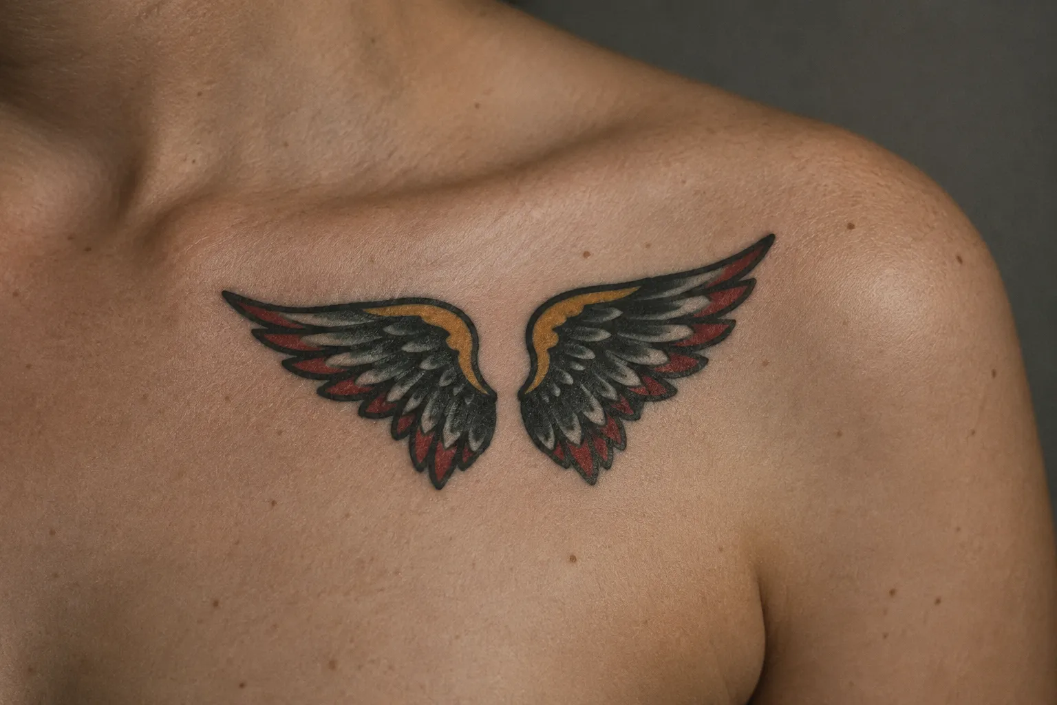 A person has a colorful angel wings tattoo across the upper chest near the collarbones.