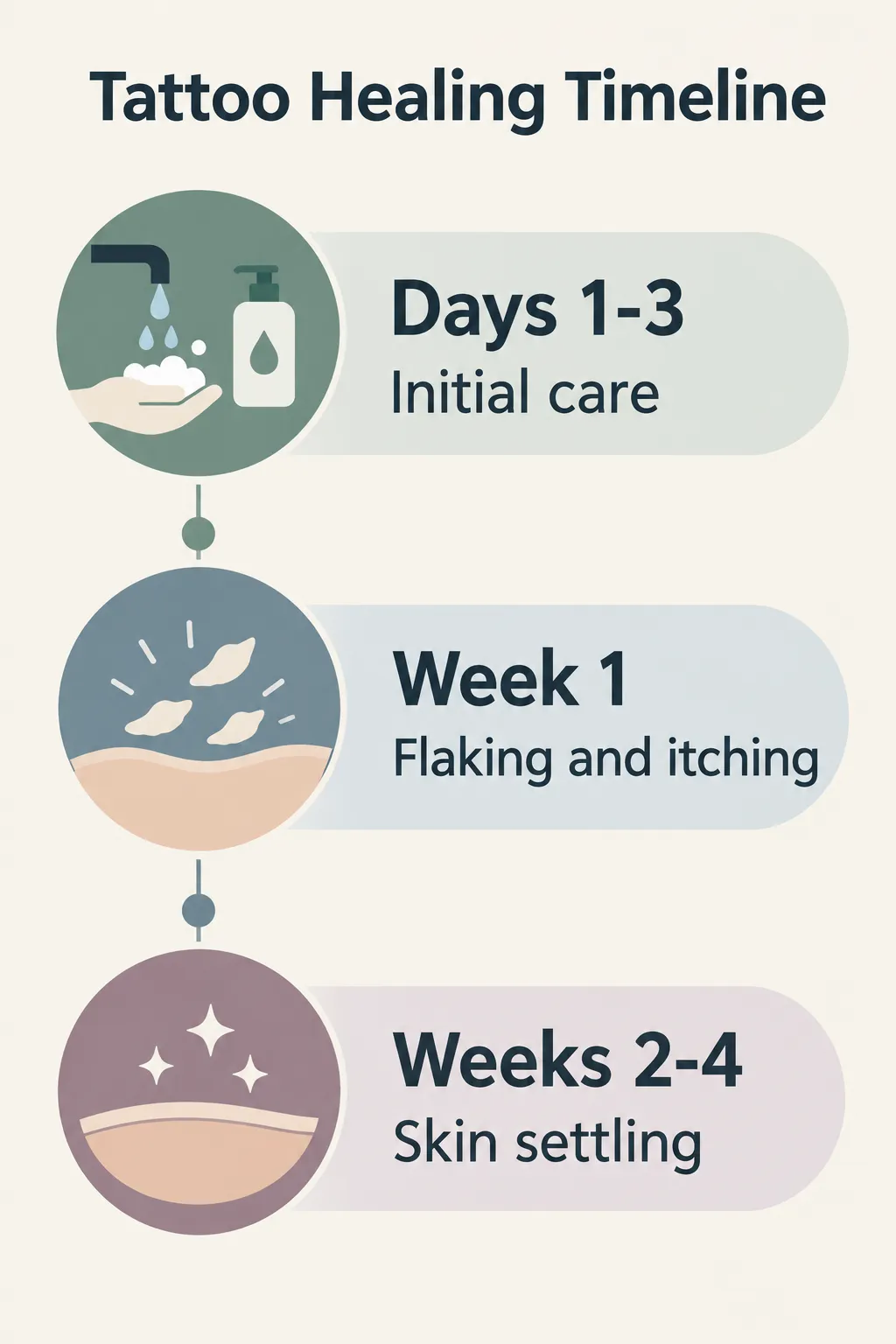Tattoo healing timeline infographic: days 1-3 initial care, week 1 flaking and itching, weeks 2-4 skin settling.