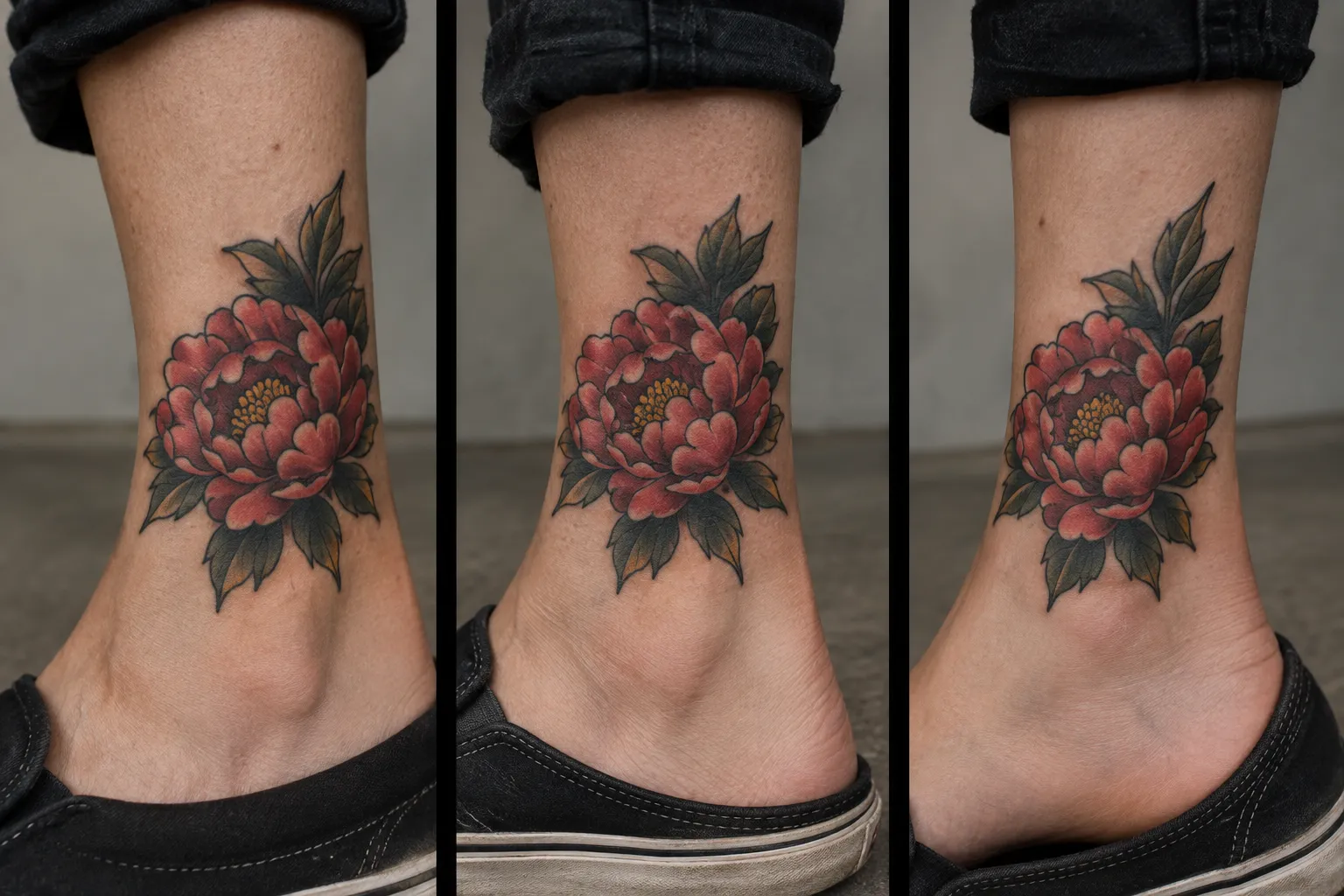 A large red flower tattoo covers a person's ankle above a black sneaker.