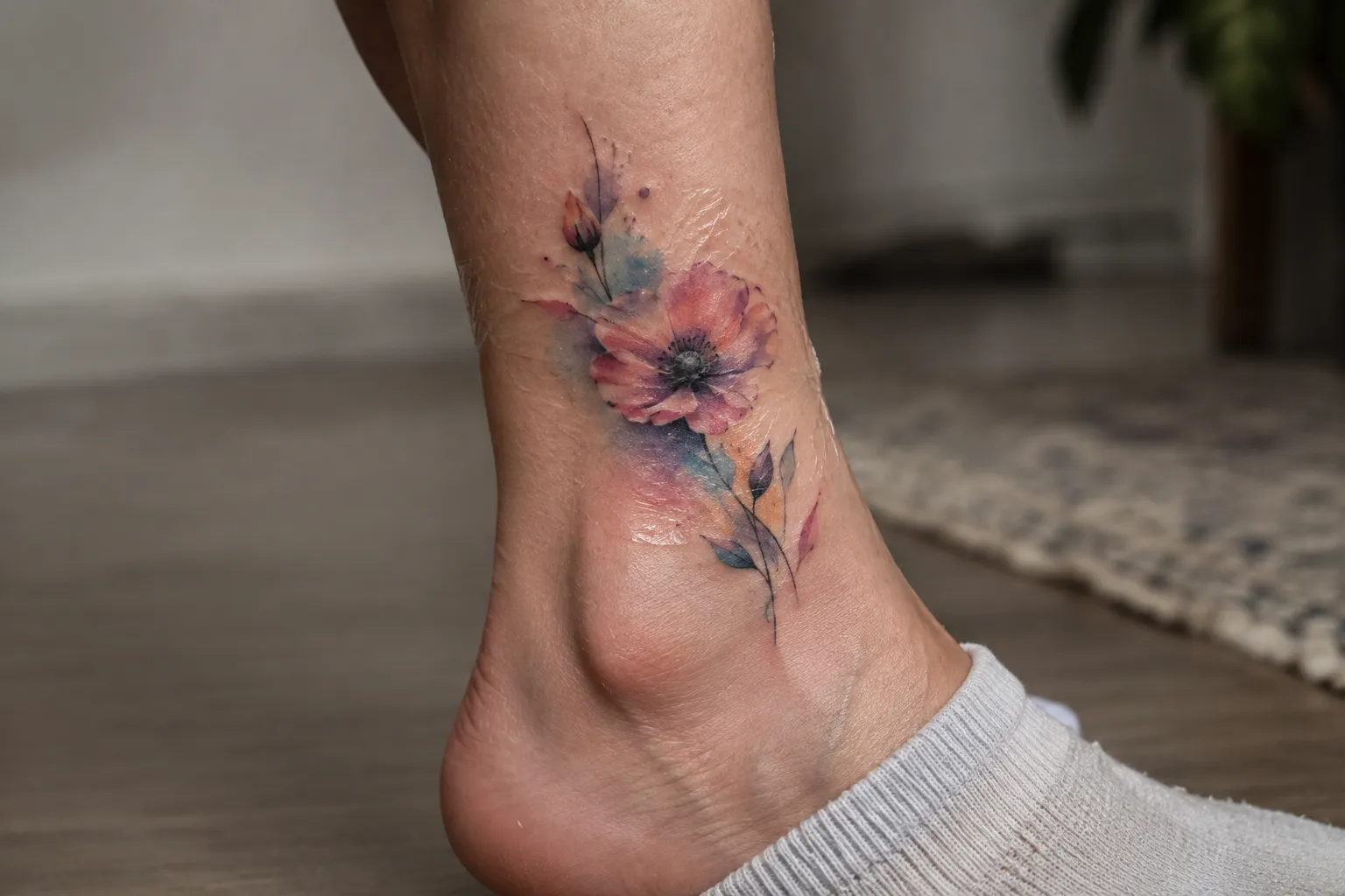 A freshly inked watercolor flower tattoo on the outer ankle, still under clear protective film above a white sock.