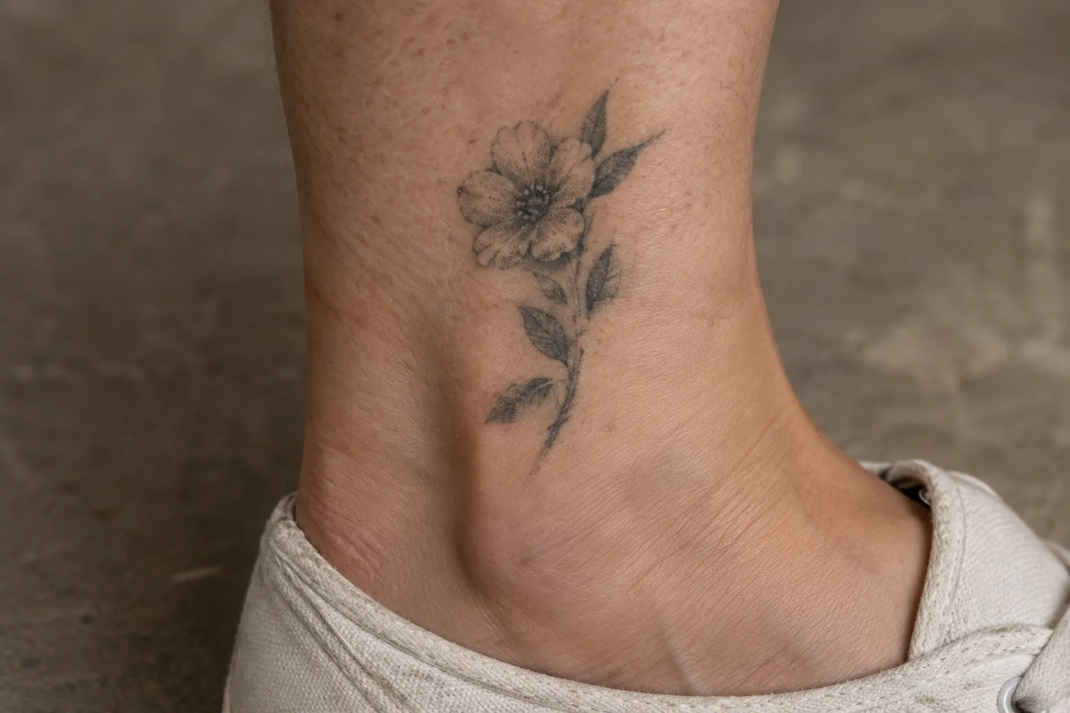 A years-old dotwork flower tattoo on the ankle, its lines slightly softened, just above the collar of a canvas shoe.