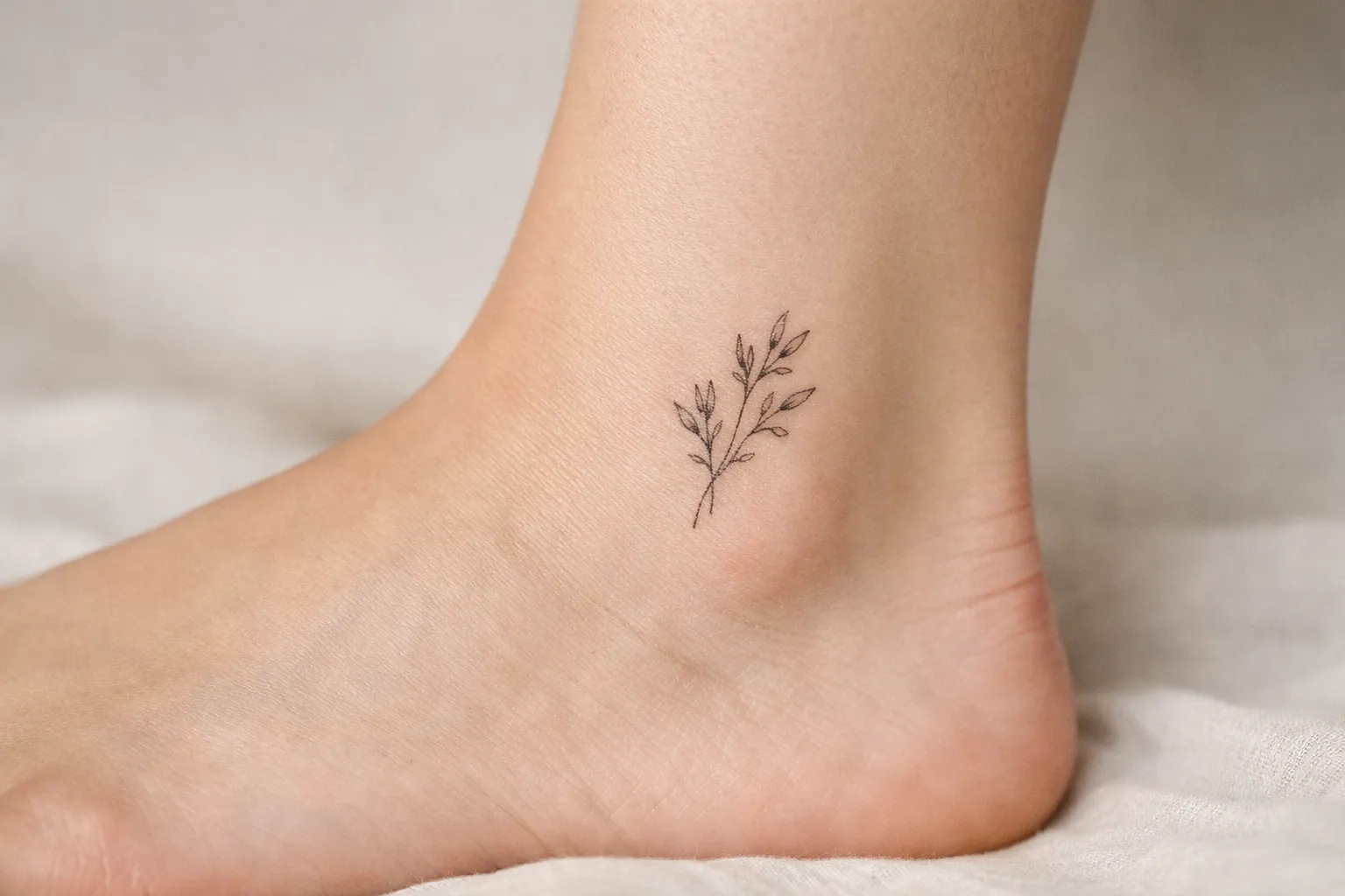 A delicate leafy branch tattoo is inked on the inner side of a person's ankle.