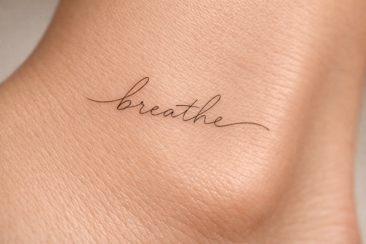 The word 'breathe' is tattooed in script on the skin above an ankle.